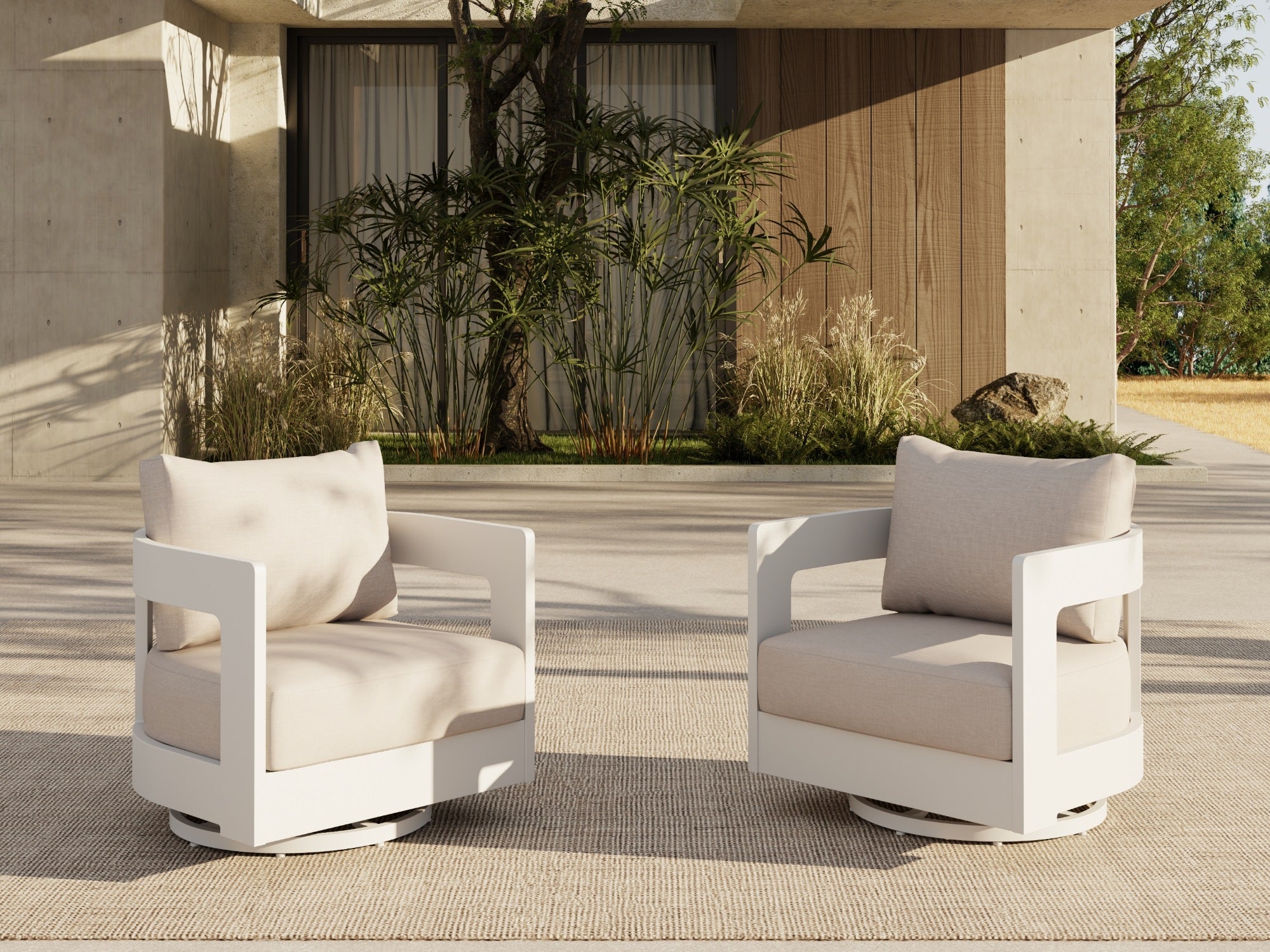 Sova Modern Aluminum Outdoor Sofa Set with Fire Pit, Swivel Chairs, Mixed Tables, Light Beige Cushions