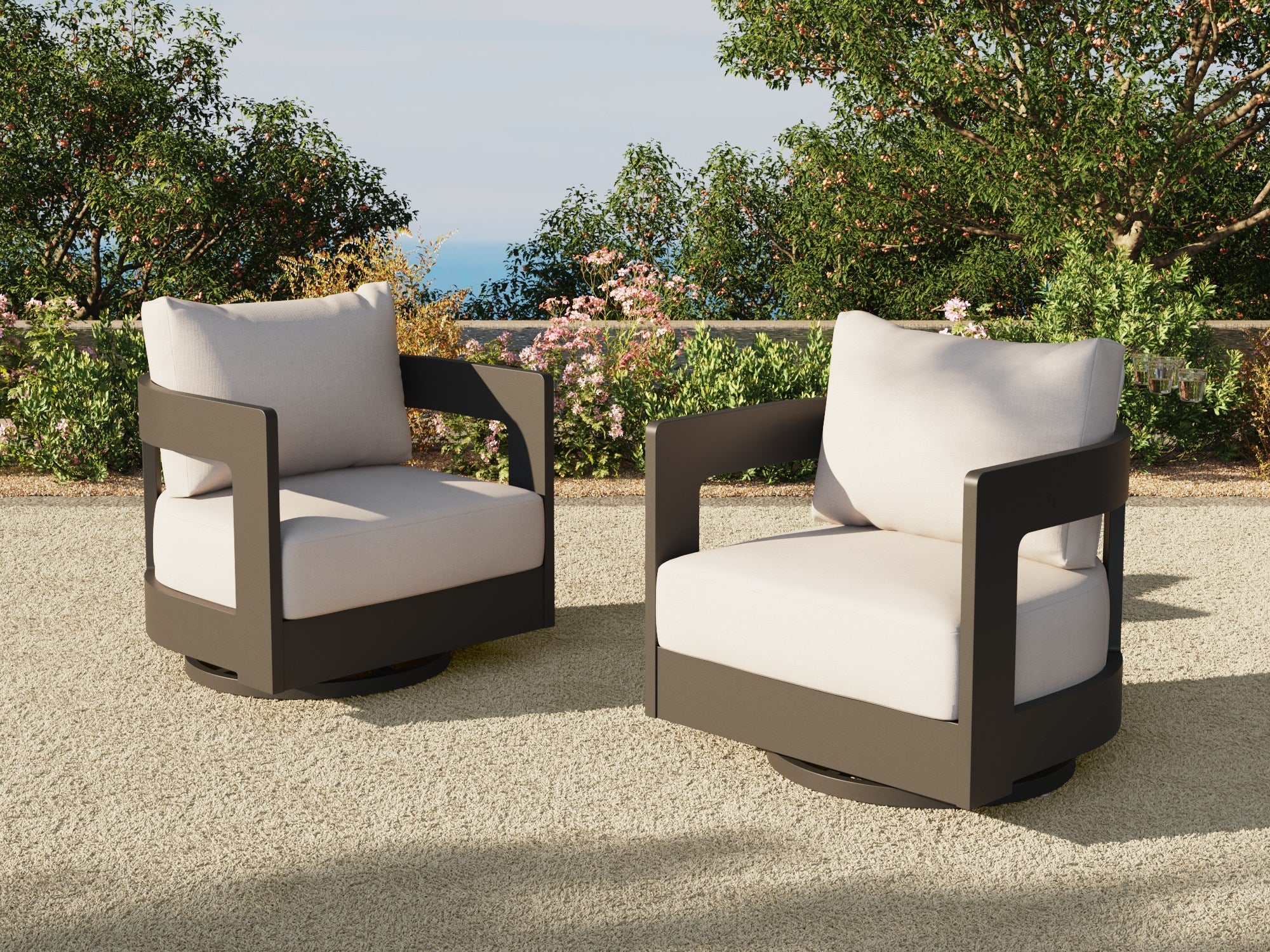 Sova Swivel Aluminum Swivel Chairs, Black Frame & White Sunbrella® Cushions