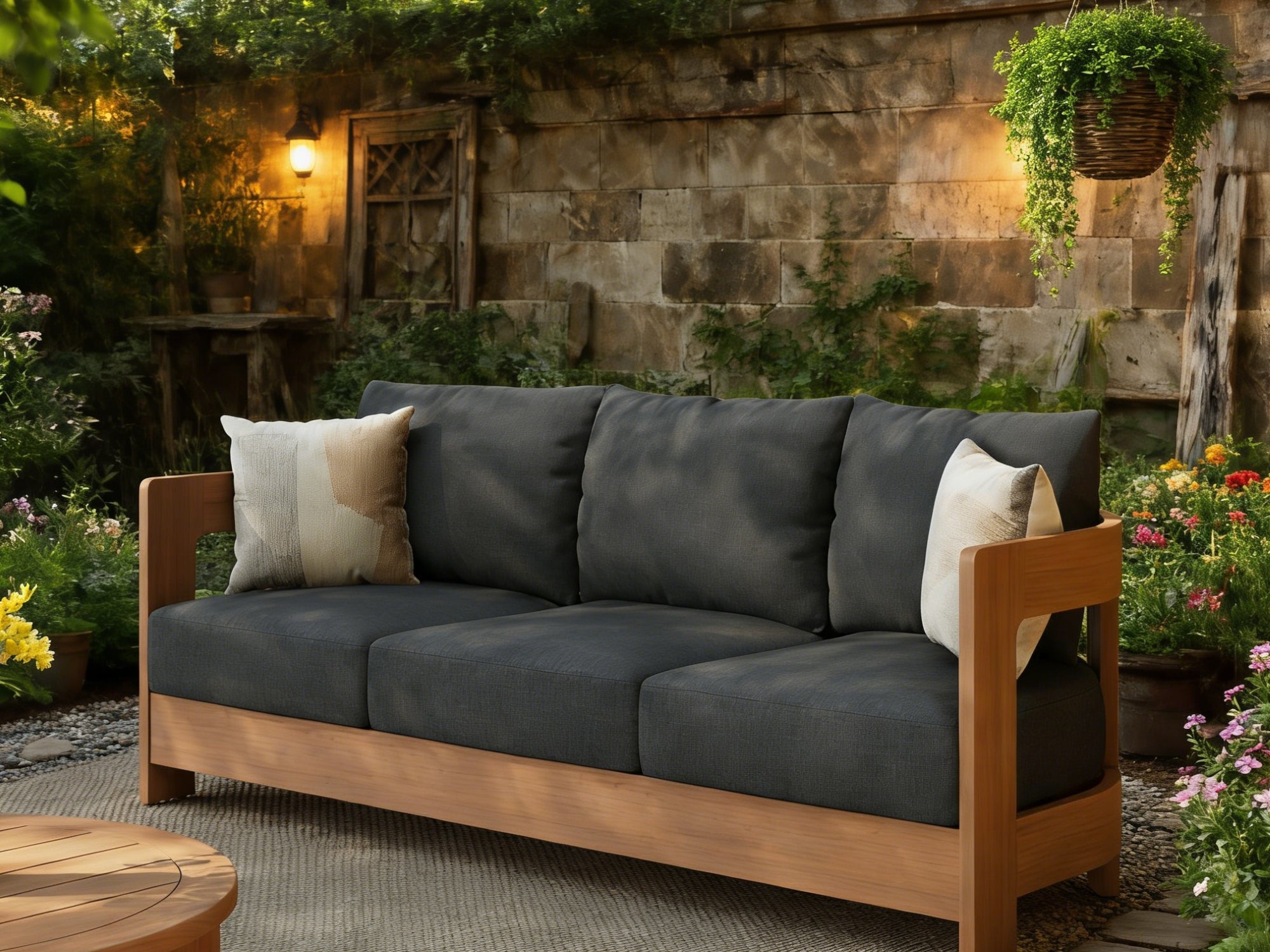 Sova 3-Seat Wood Outdoor Sofa, Eucalyptus Wood, Creamy White Olefin Cushion