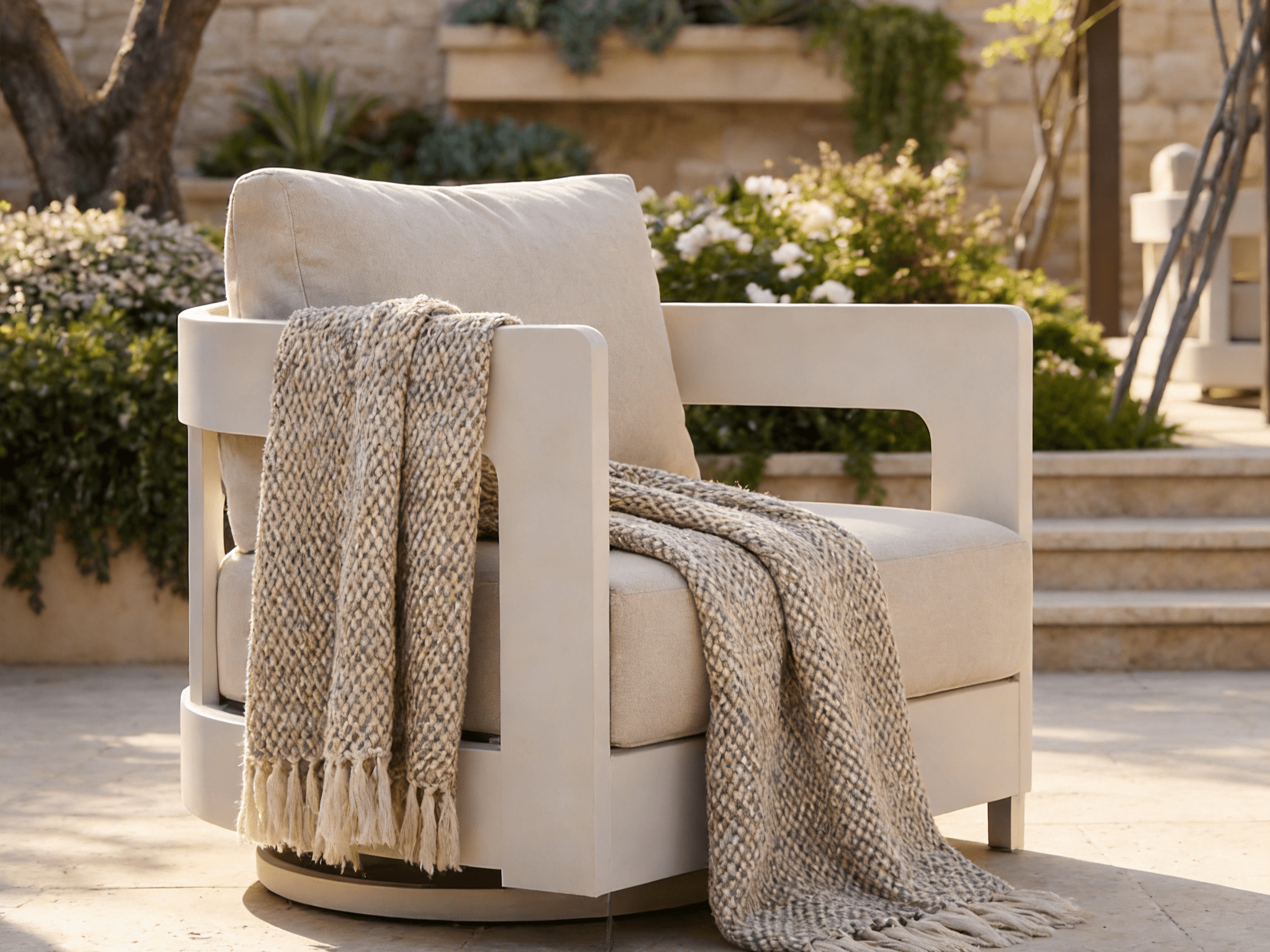 Sova Swivel Aluminum Swivel Chairs, Light Beige Frame & Linen Olefin Cushions