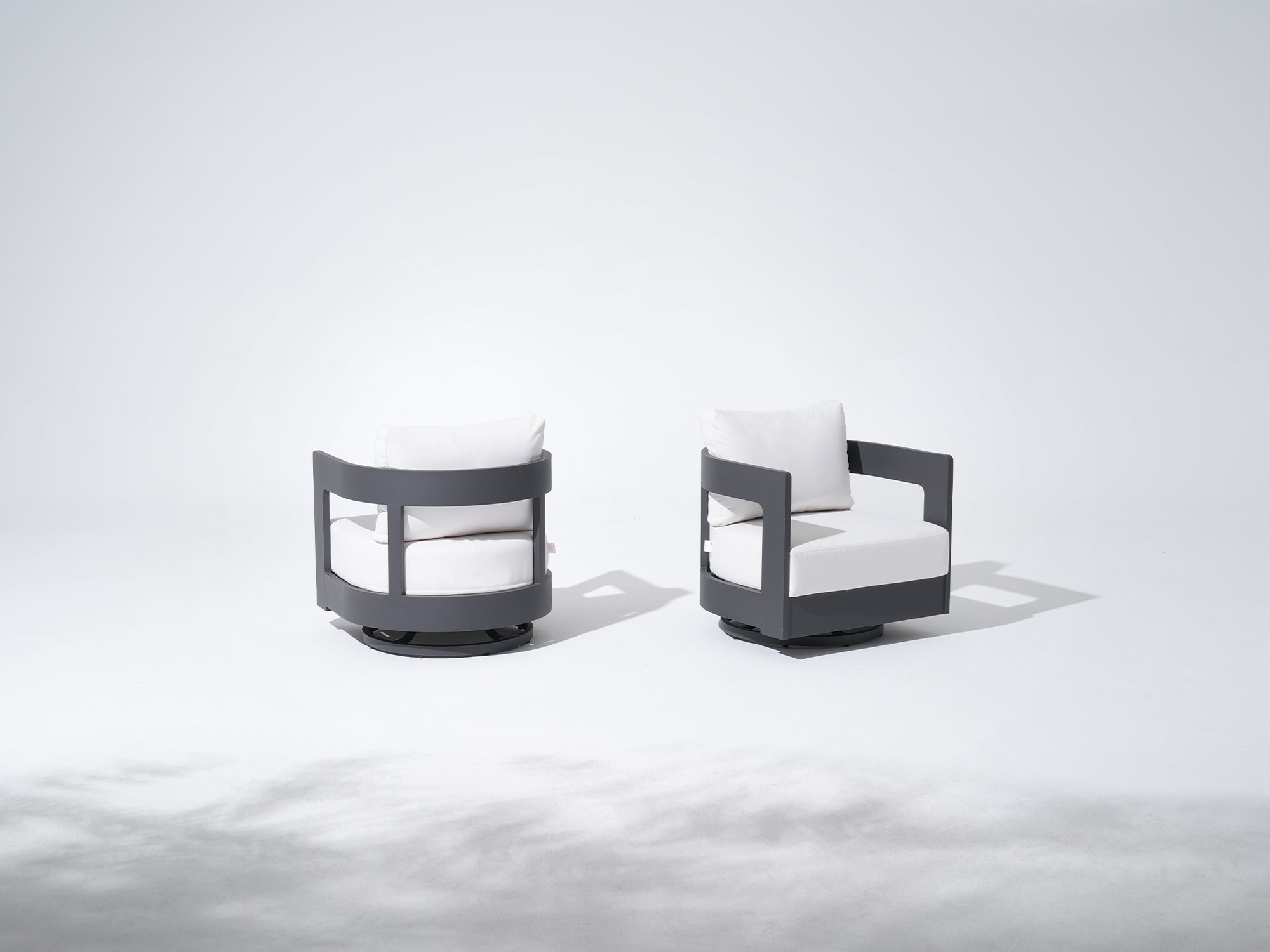 Sova Swivel Aluminum Swivel Chairs, Black Frame & White Sunbrella® Cushions