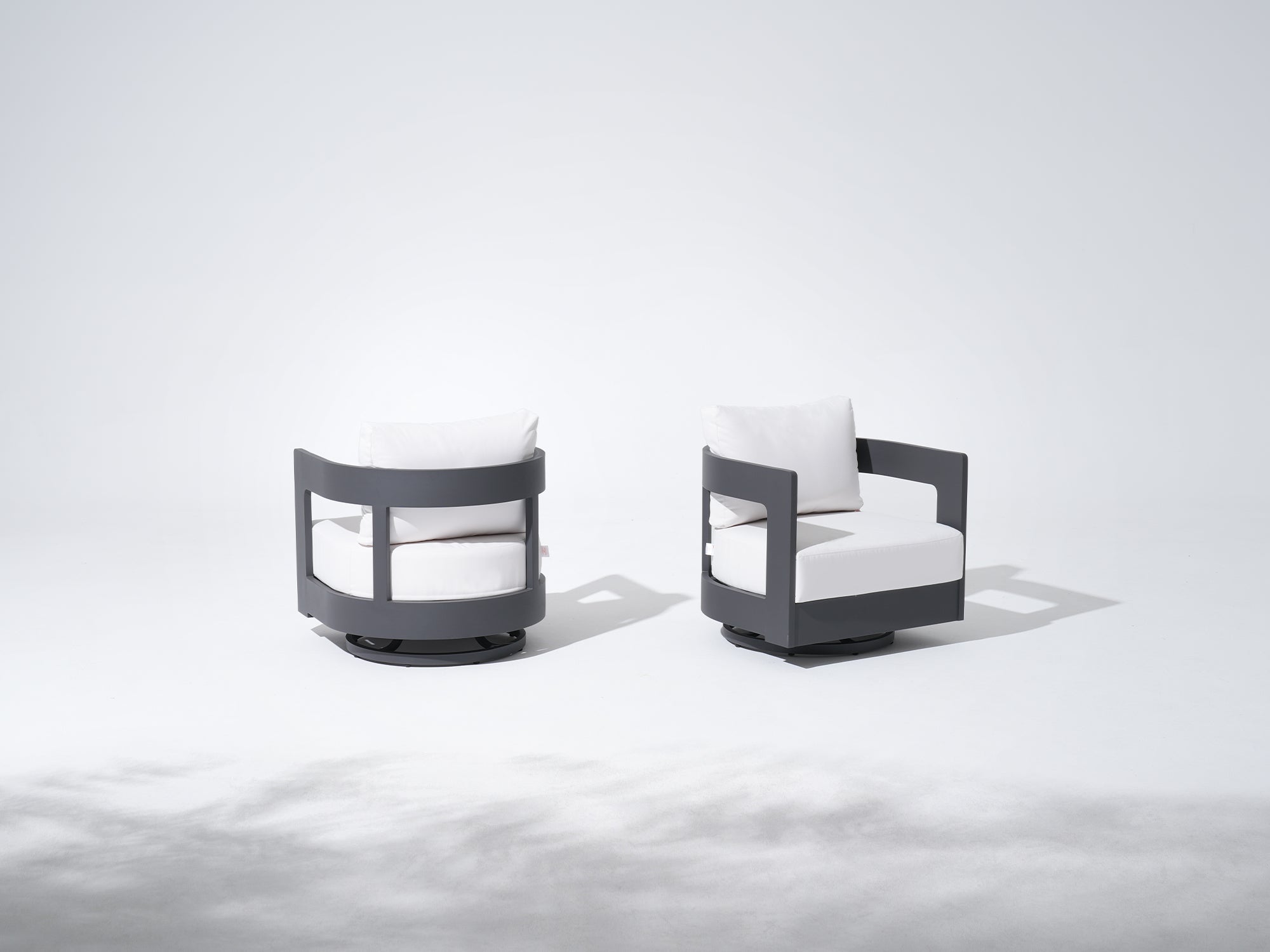 Sova Modern Aluminum Outdoor Sofa Set with Swivel Chairs, Black Frame & White Sunbrella® Cushions