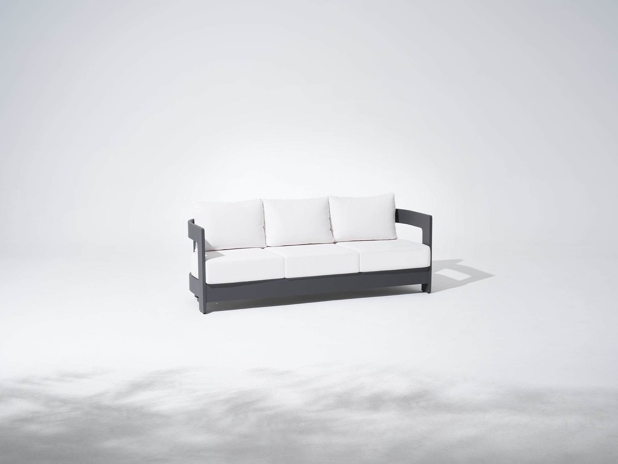 Sova Modern Aluminum Outdoor Sofa Set with Swivel Chairs, Black Frame & White Sunbrella® Cushions