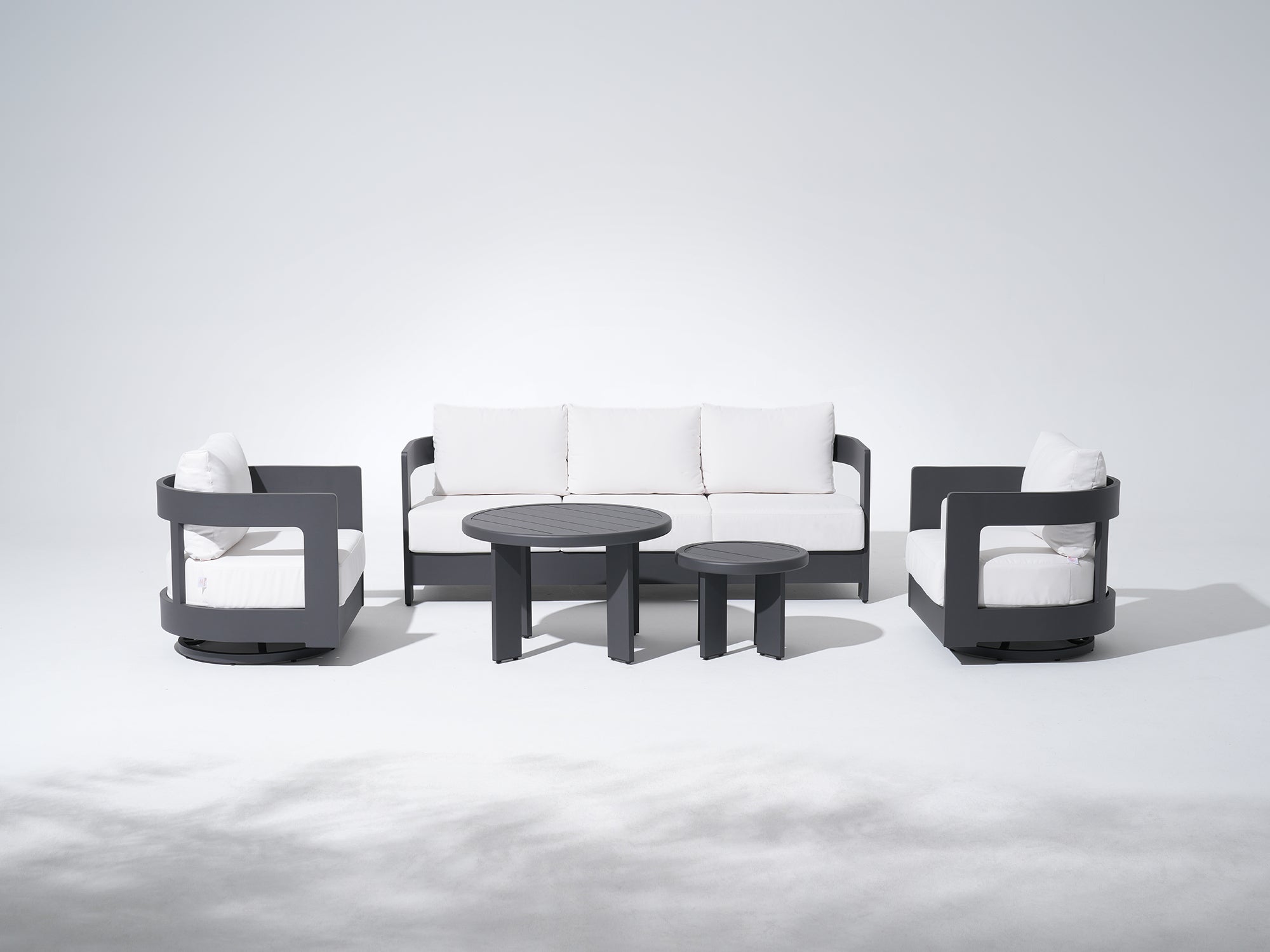 Sova Modern Aluminum Outdoor Sofa Set with Swivel Chairs, Black Frame & White Sunbrella® Cushions