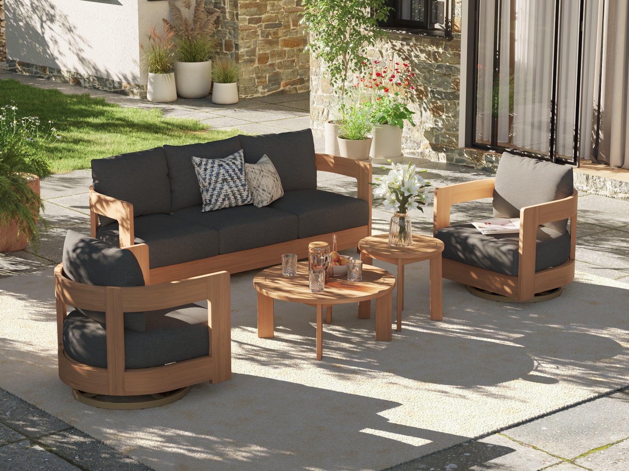 Sova Wood Outdoor Sofa Set with Swivel Chairs & Two Tables,Eucalyptus wood, Black Cushions