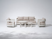 Sova Modern Aluminum Outdoor Sofa Set with Swivel Chairs, Mixed Tables, Light Beige Cushions