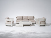 Sova Modern Aluminum Outdoor Sofa Set with Fire Pit, Swivel Chairs, Mixed Tables, Light Beige Cushions