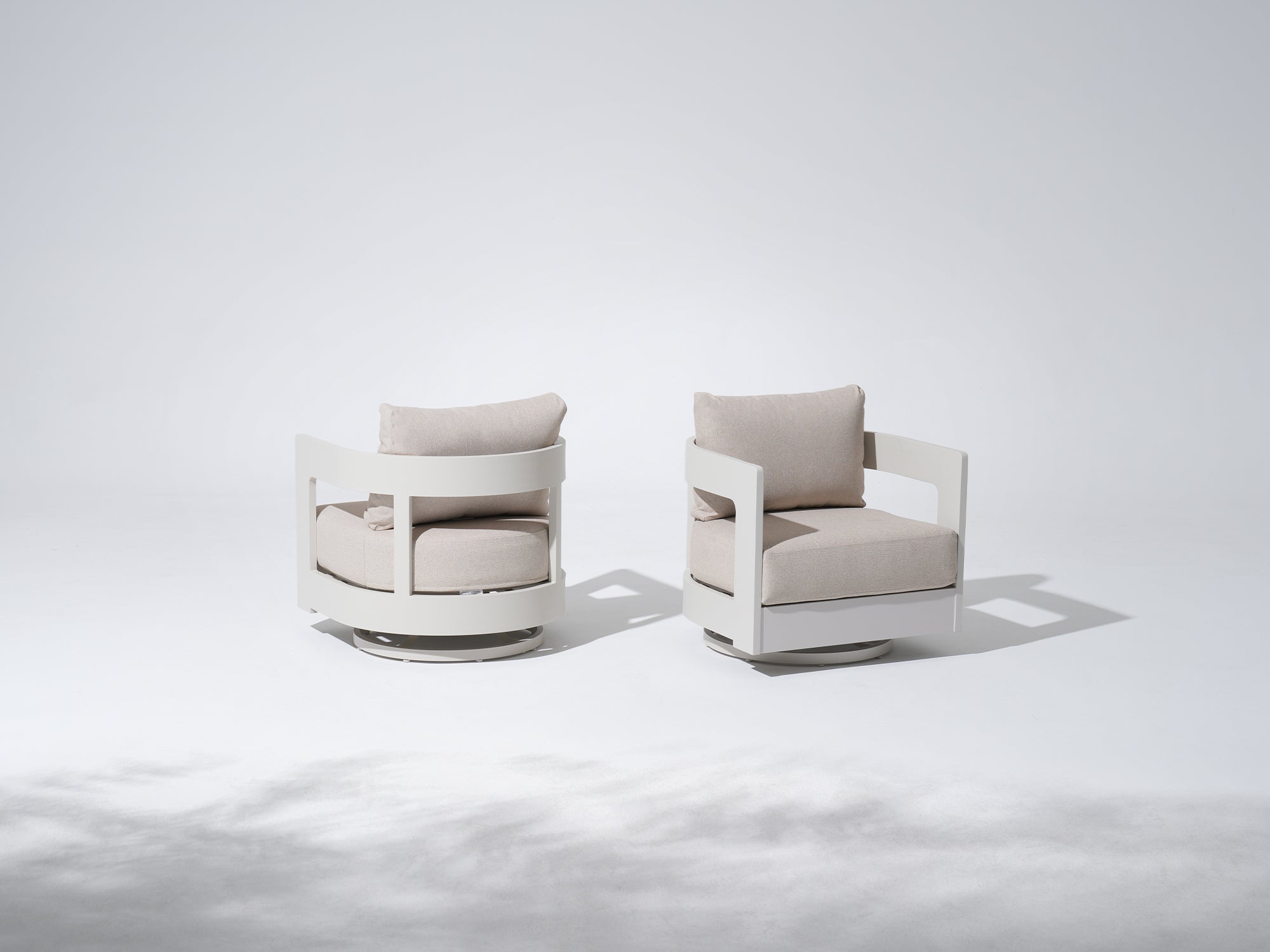 Sova Modern Aluminum Outdoor Sofa Set with Swivel Chairs, Mixed Tables, Light Beige Cushions