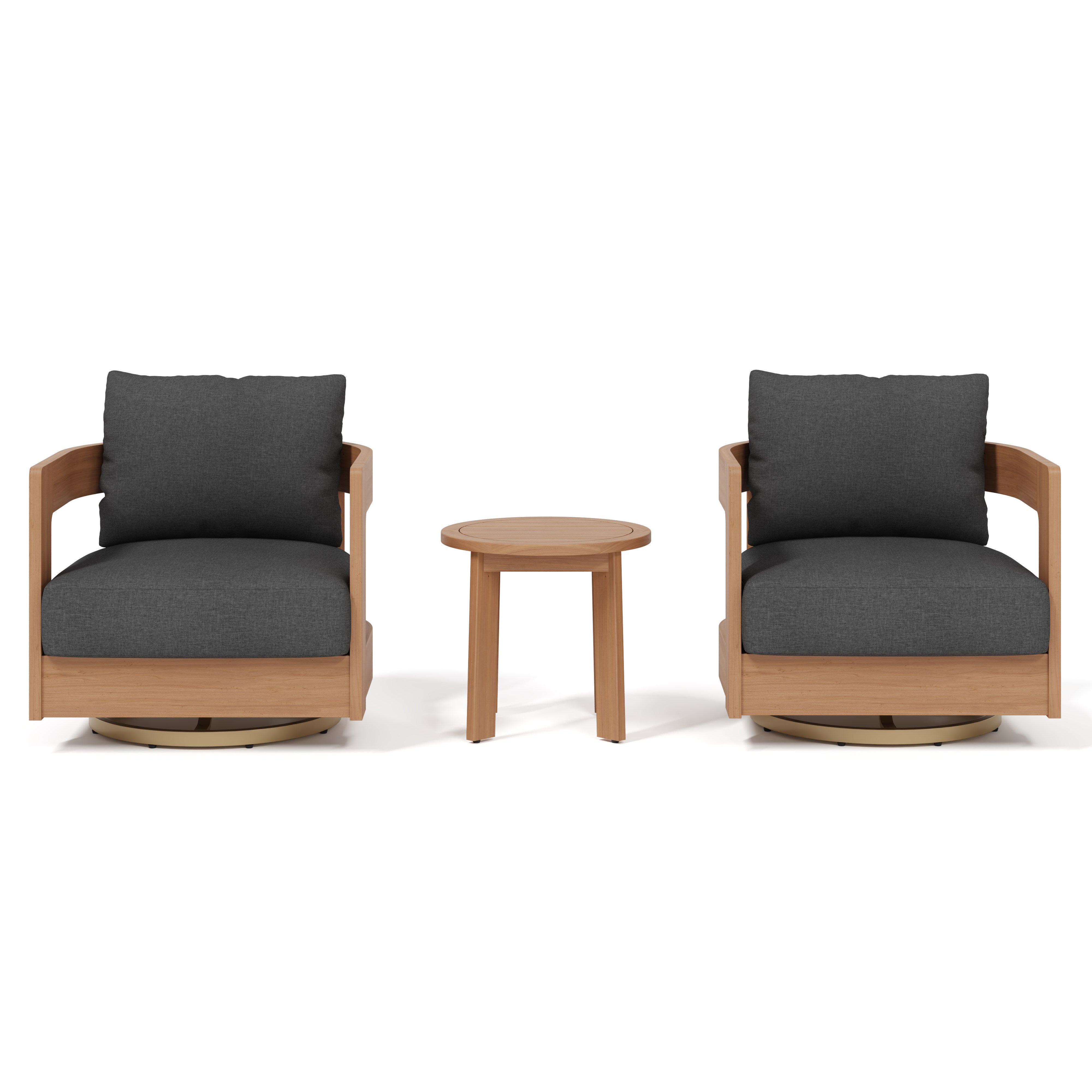 Sova 3-Piece Eucalyptus Wood Patio Bistro Set, Swivel Chairs, Black Cushions