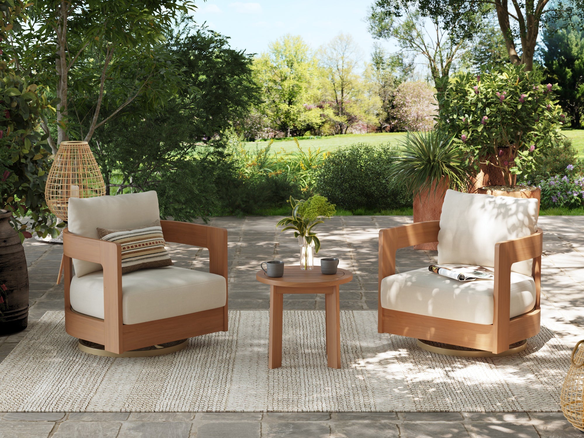 Outdoor patio set with two wooden swivel chairs and a small round table
