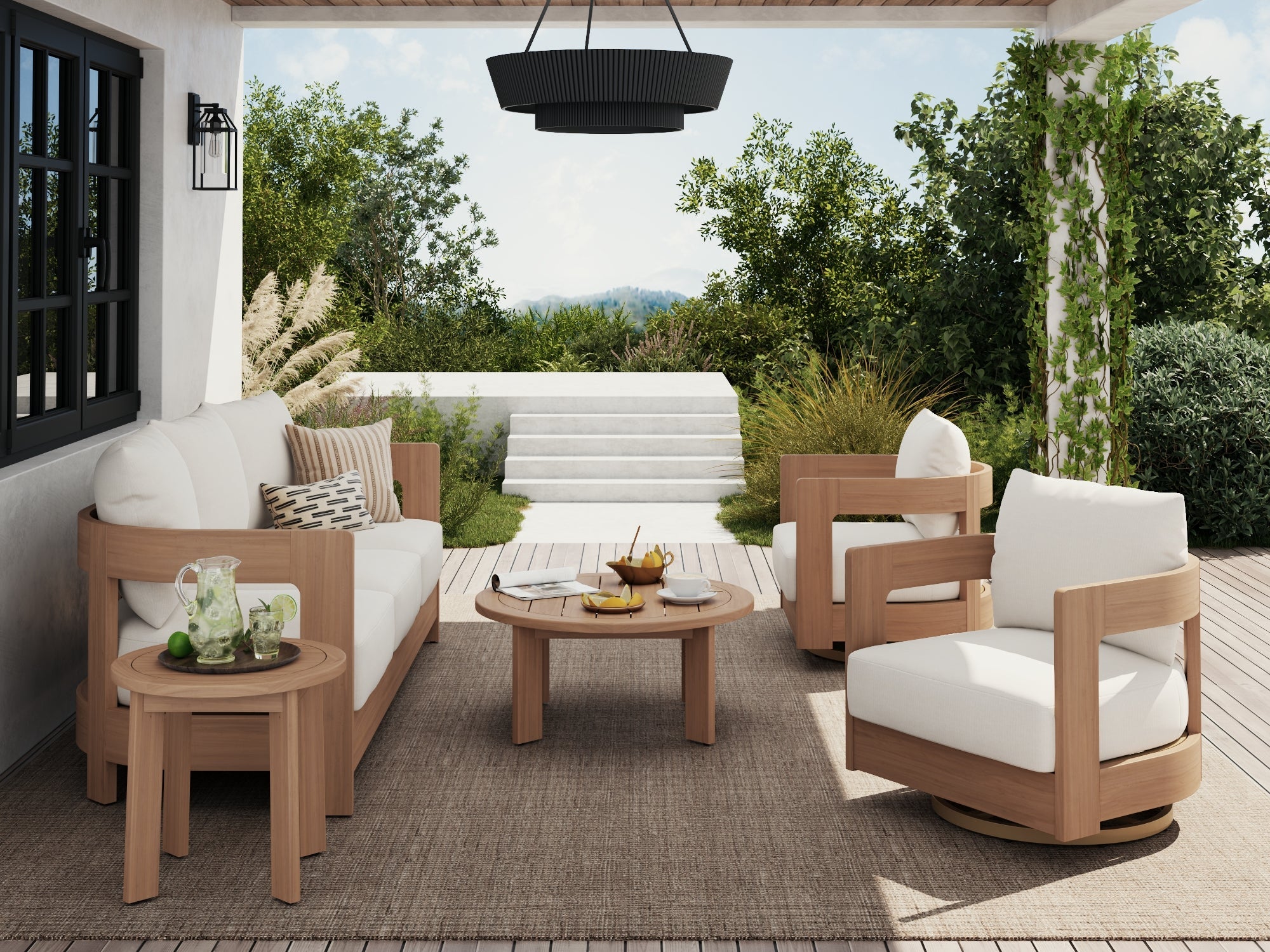 Outdoor patio furniture set with wooden frames and white cushions, swivel chairs