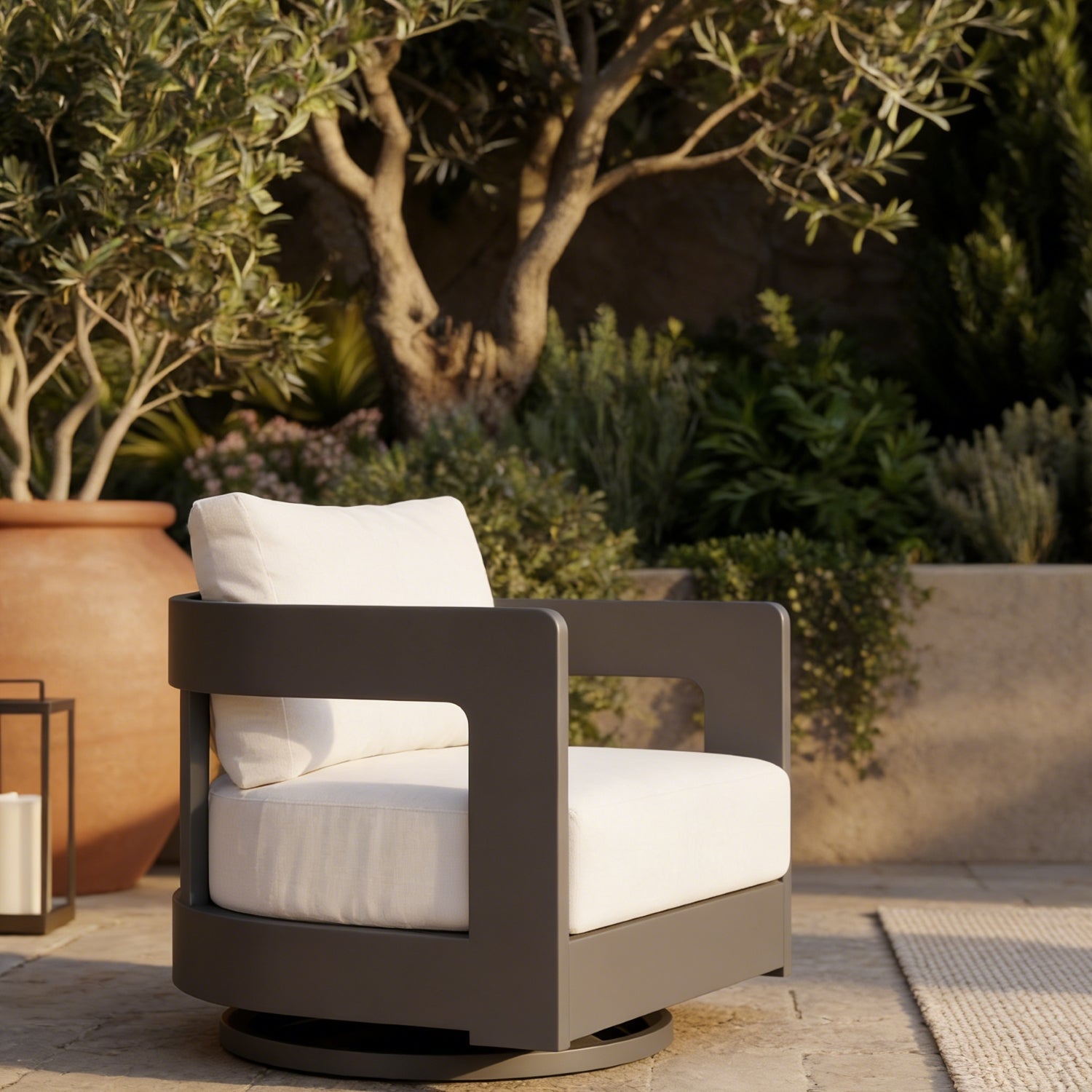 Sova Modern Aluminum Outdoor Sofa Set with Swivel Chairs, Black Frame & White Sunbrella® Cushions