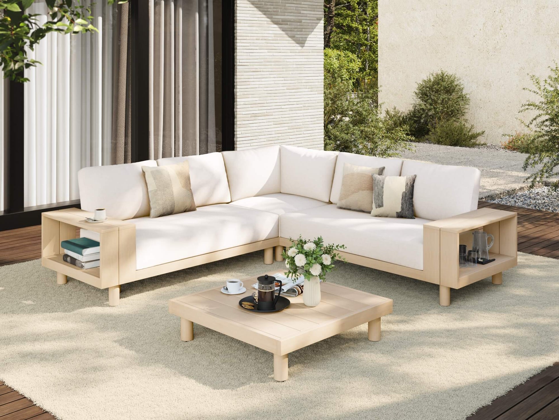 Sova wood L-shaped outdoor sectional sofa set with white cushions#Color_White