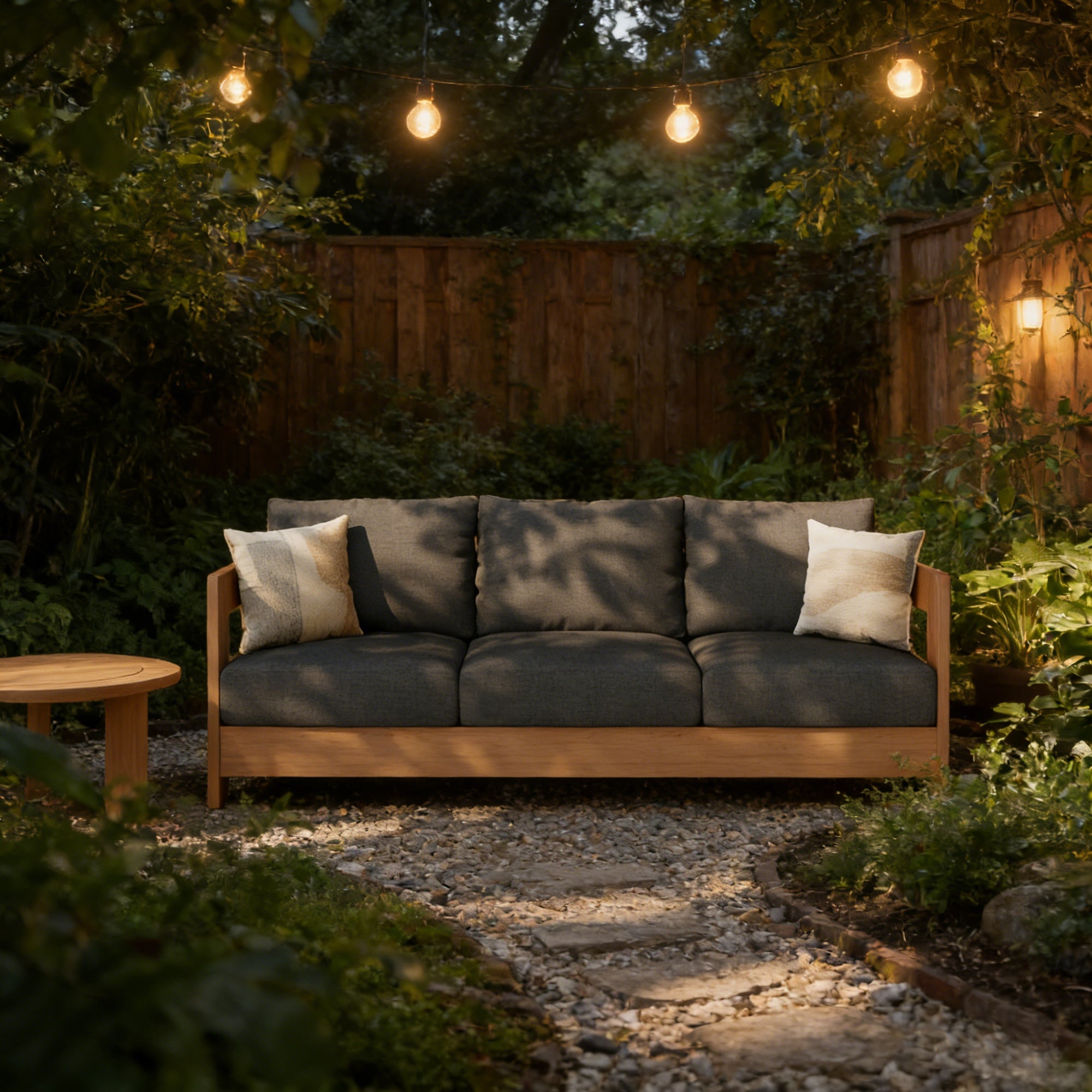 Sova 3-Seat Wood Outdoor Sofa, Eucalyptus Wood, Creamy White Olefin Cushion