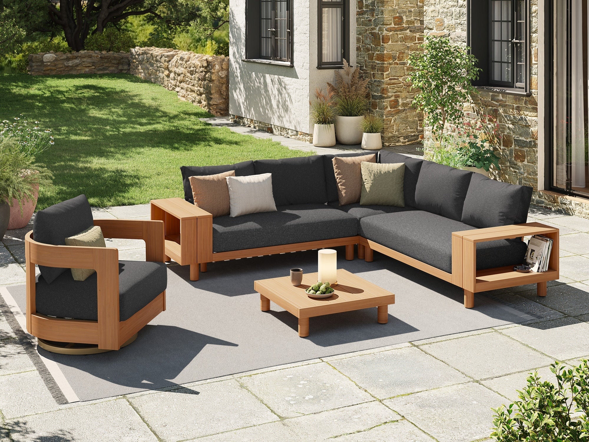 Sova Swivel × Kiri Modular Eucalyptus Lounge Set, Black Cushions