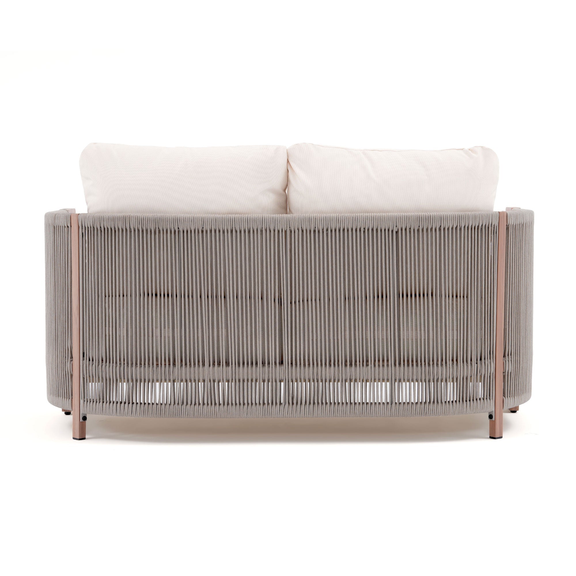 Sofa with white cushions and a metal frame, rope design back detail