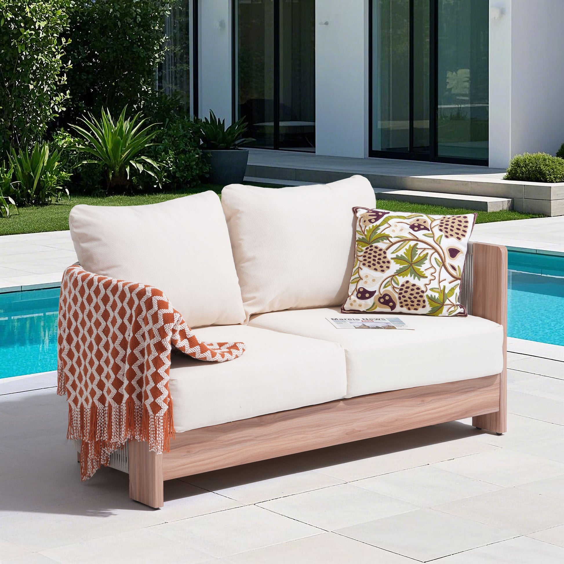 Irati aluminum outdoor loveseat with rope design, thick cushions - Modern Premium Outdoor Patio Furniture