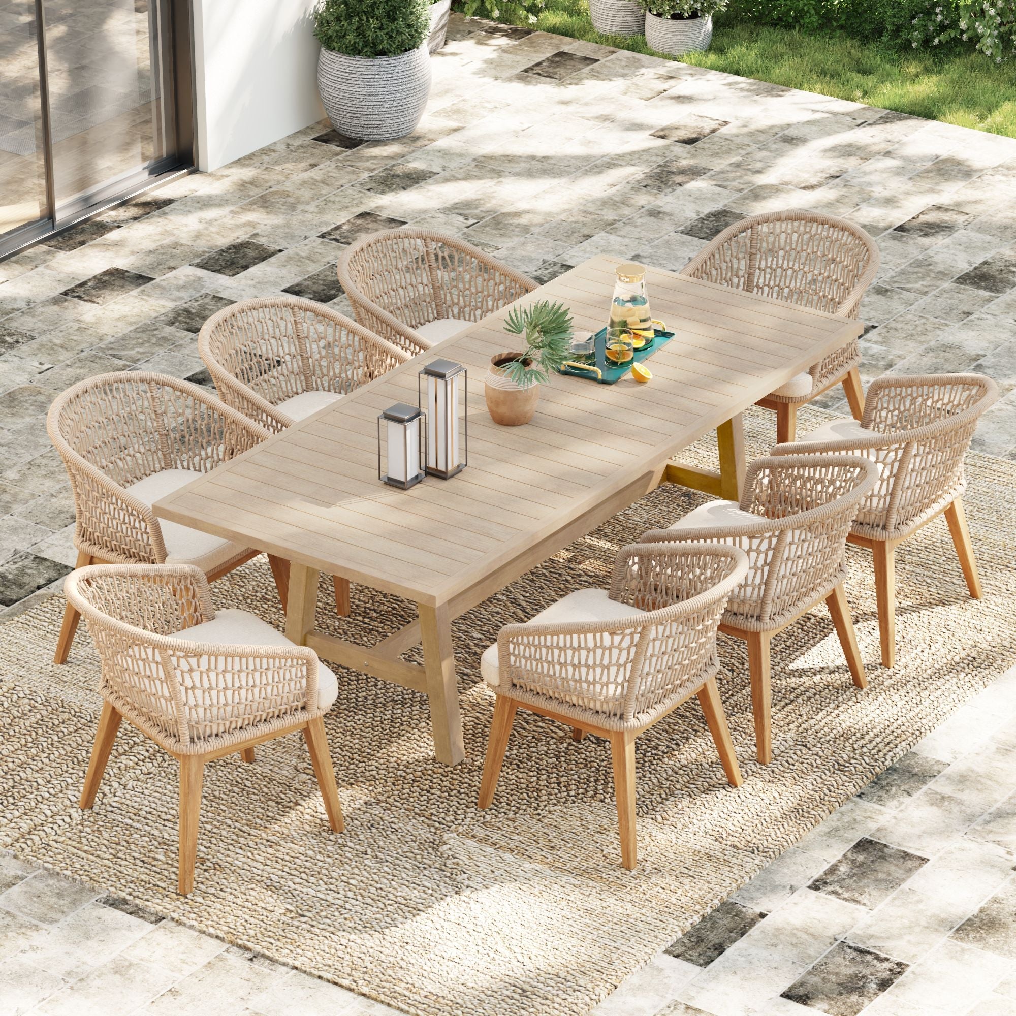 beige outdoor dining set for 8 with rope design and wood frame- Sunsitt Modern Premium Patio Outdoor Furniture#Color_Beige