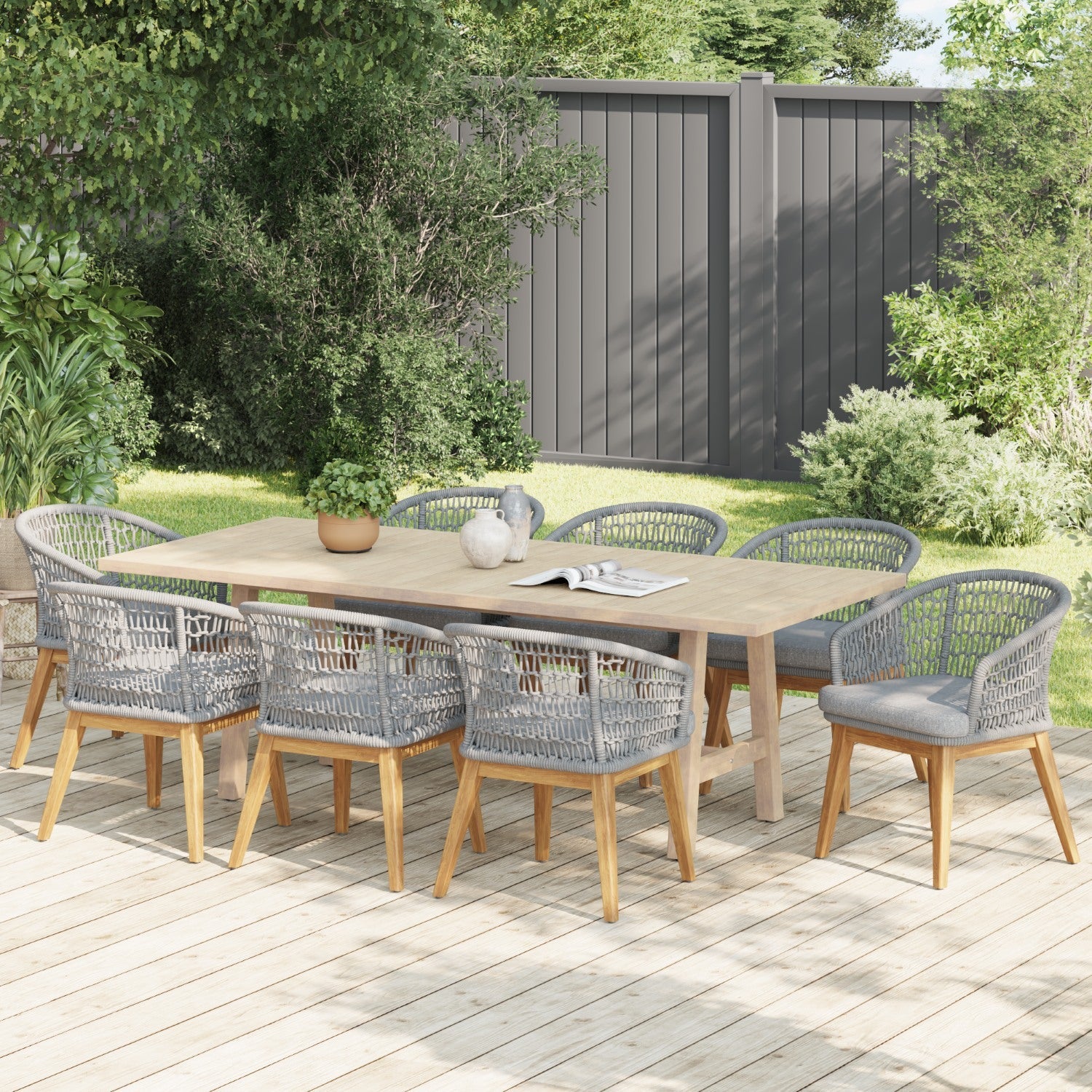 gray outdoor dining set for 8 with rope design- Sunsitt Modern Premium Patio Outdoor Furniture#Color_Grey