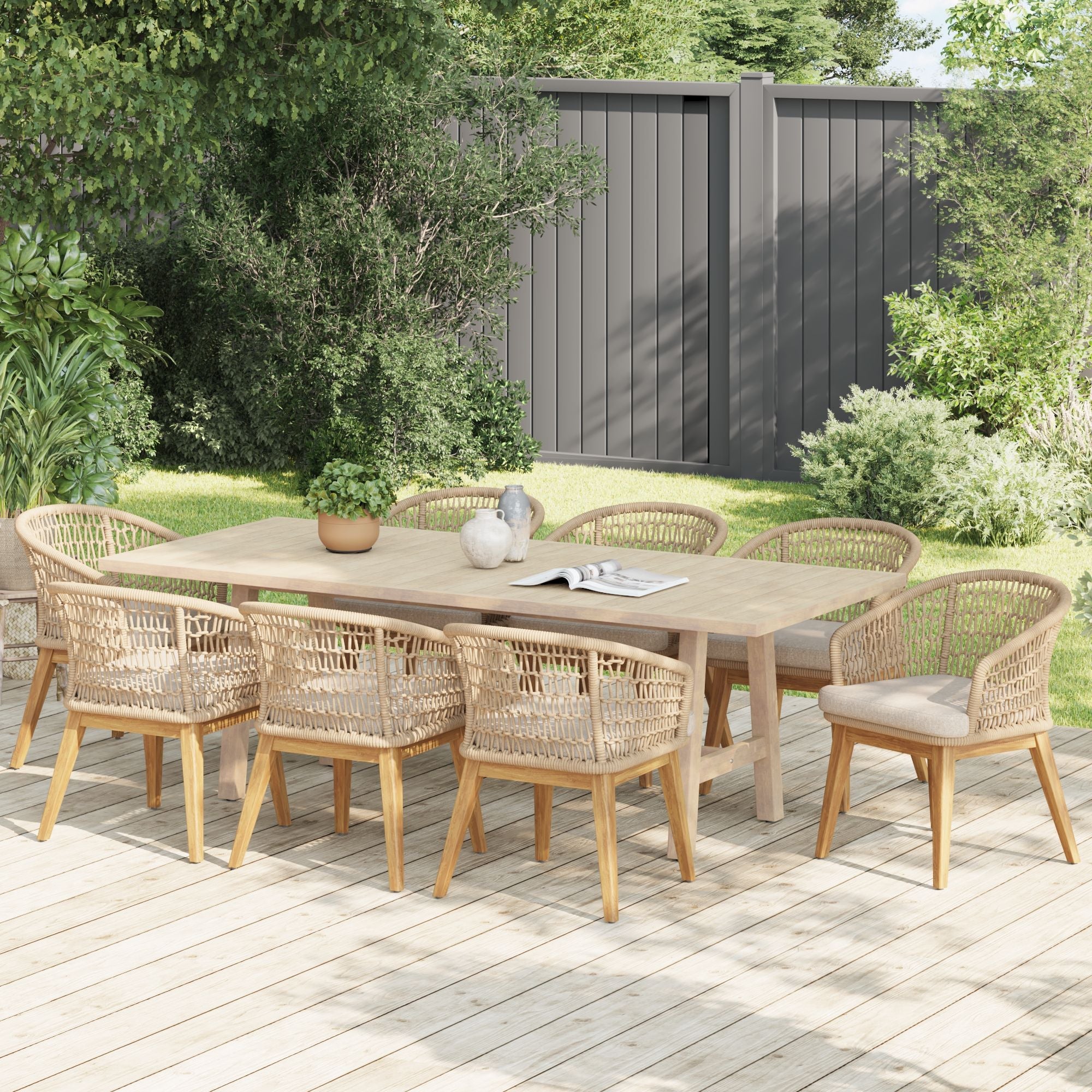 9pcs wood and rope outdoor dining set- Sunsitt Modern Premium Patio Outdoor Furniture#Color_Beige