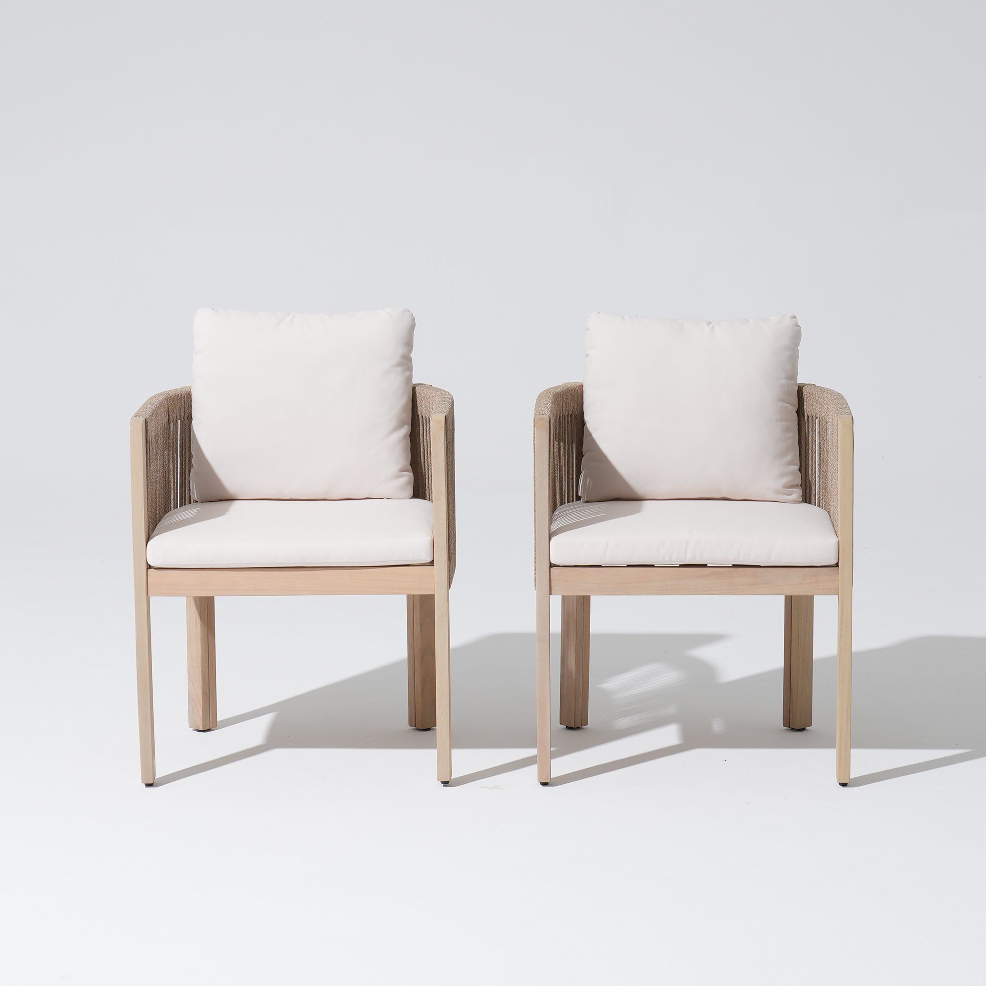 Two wooden dining chairs with white cushions, front angle - Sunsitt Modern Premium Outdoor Patio Furniture Sets