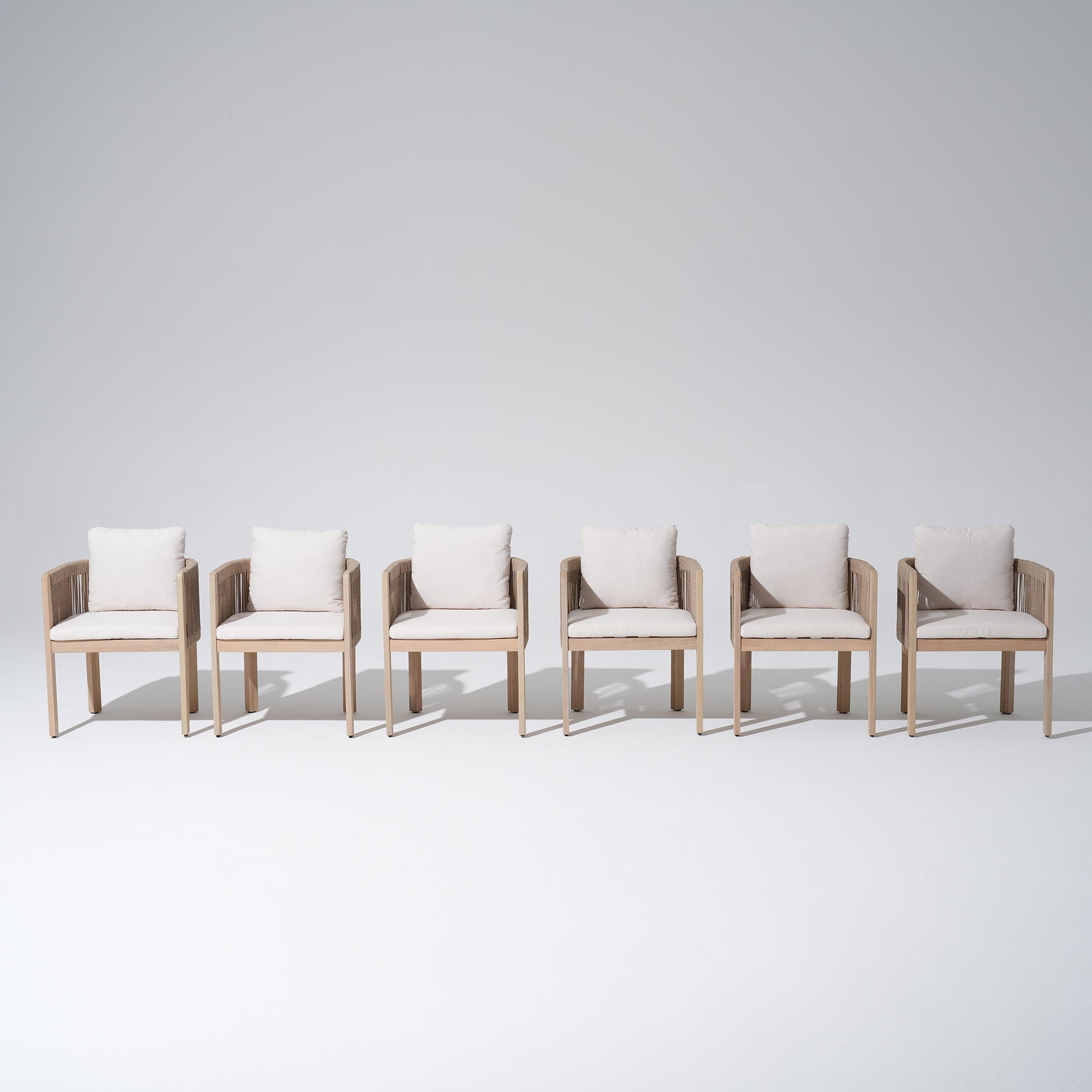 Set of six acacia wooden outdoor dining chairs with white cushions- Sunsitt Modern Premium Outdoor Patio Furniture