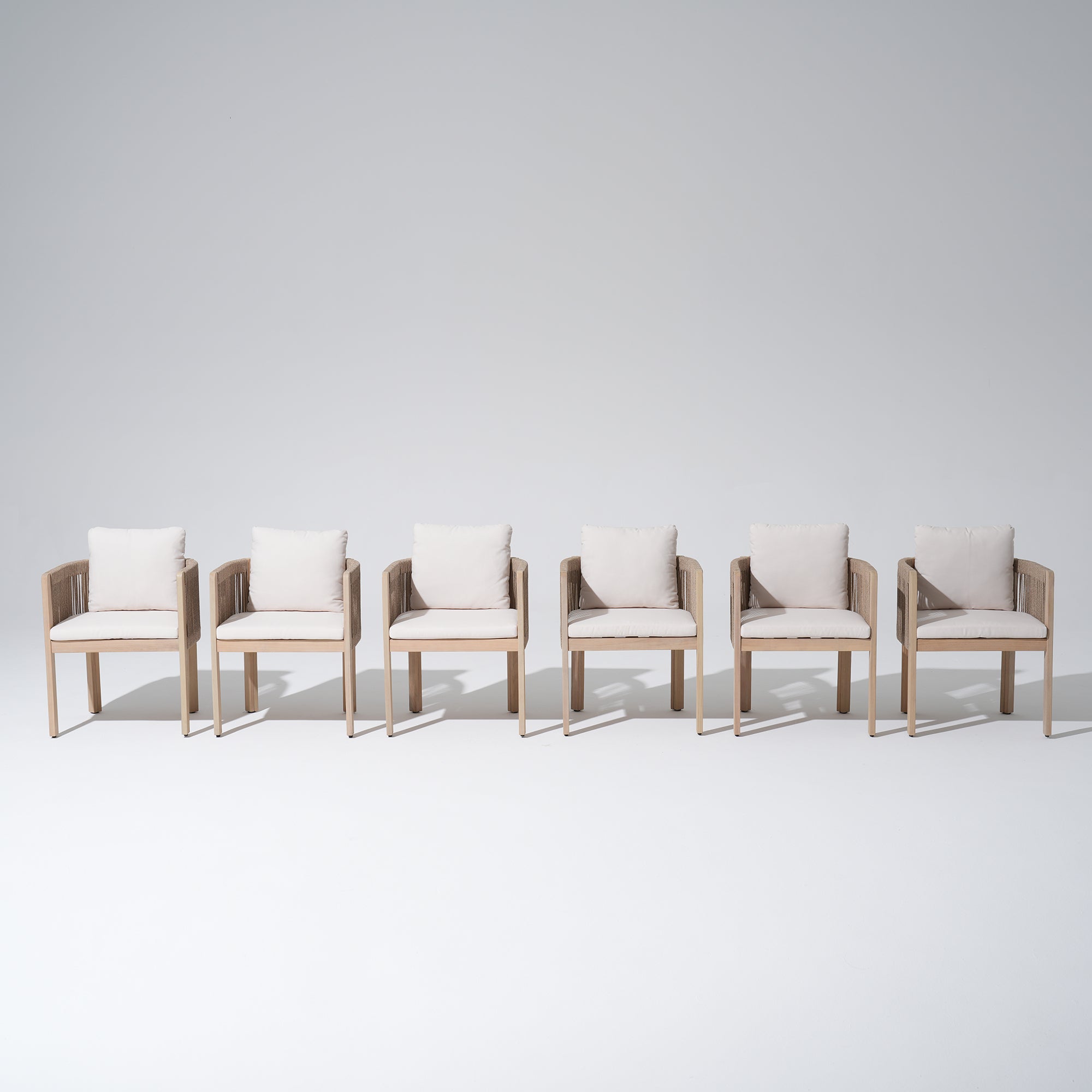 Set of six acacia wooden outdoor dining chairs with white cushions- Sunsitt Modern Premium Outdoor Patio Furniture