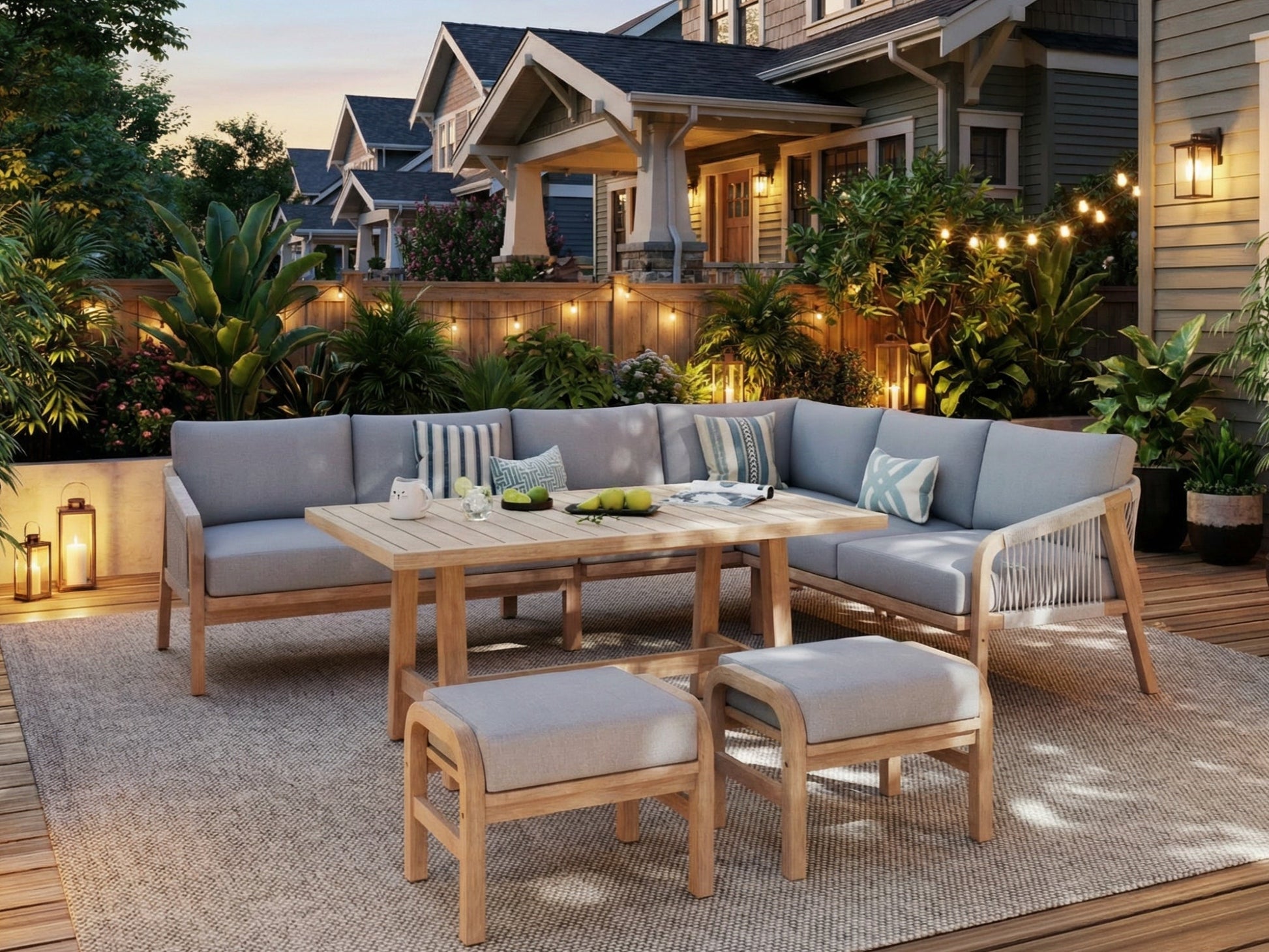 Outdoor furniture dining set with a l-shaped sectional sofa, dining table, and stools for 7 people