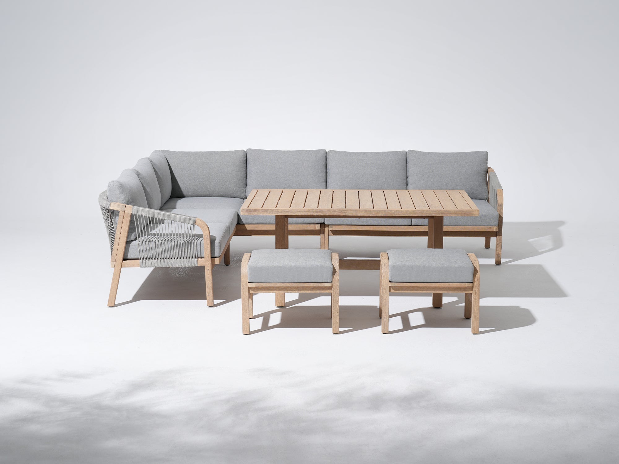 Thalea Wooden L-shaped Sectional Set with Rope Design, Ottomans & Multi-Use Table