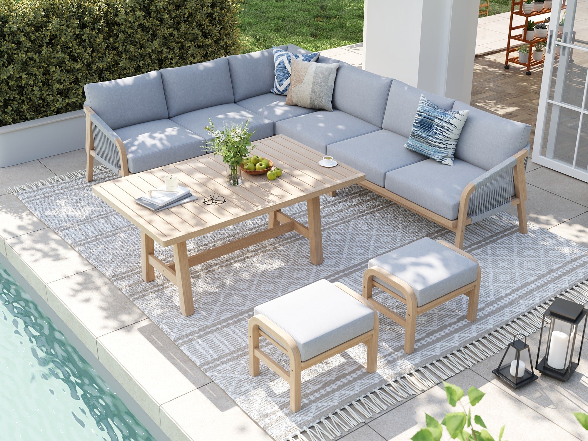 wood Outdoor patio conversation set with sectional sofa, coffee table, and ottomans 