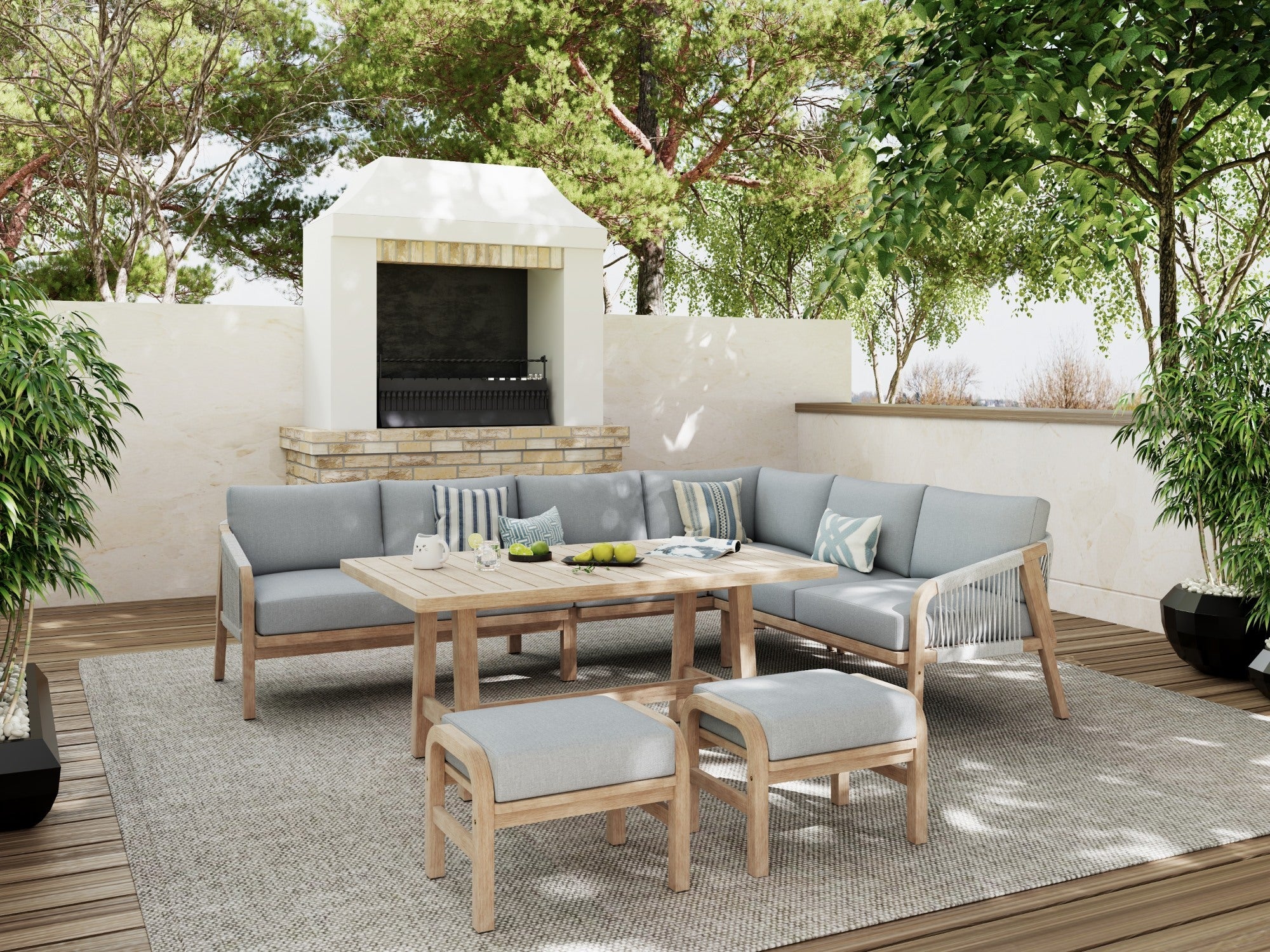 Thalea Wooden L-shaped Sectional Set with Rope Design, Ottomans & Multi-Use Table