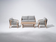 4-pcs Wooden Outdoor conversation sofa set, a loveseat sofa, two single sofa armchairs, gray seat and back cushions, gray rope design, a rectangular wood outdoor coffee table - Sunsitt Premium Modern Outdoor Patio Furniture Set
