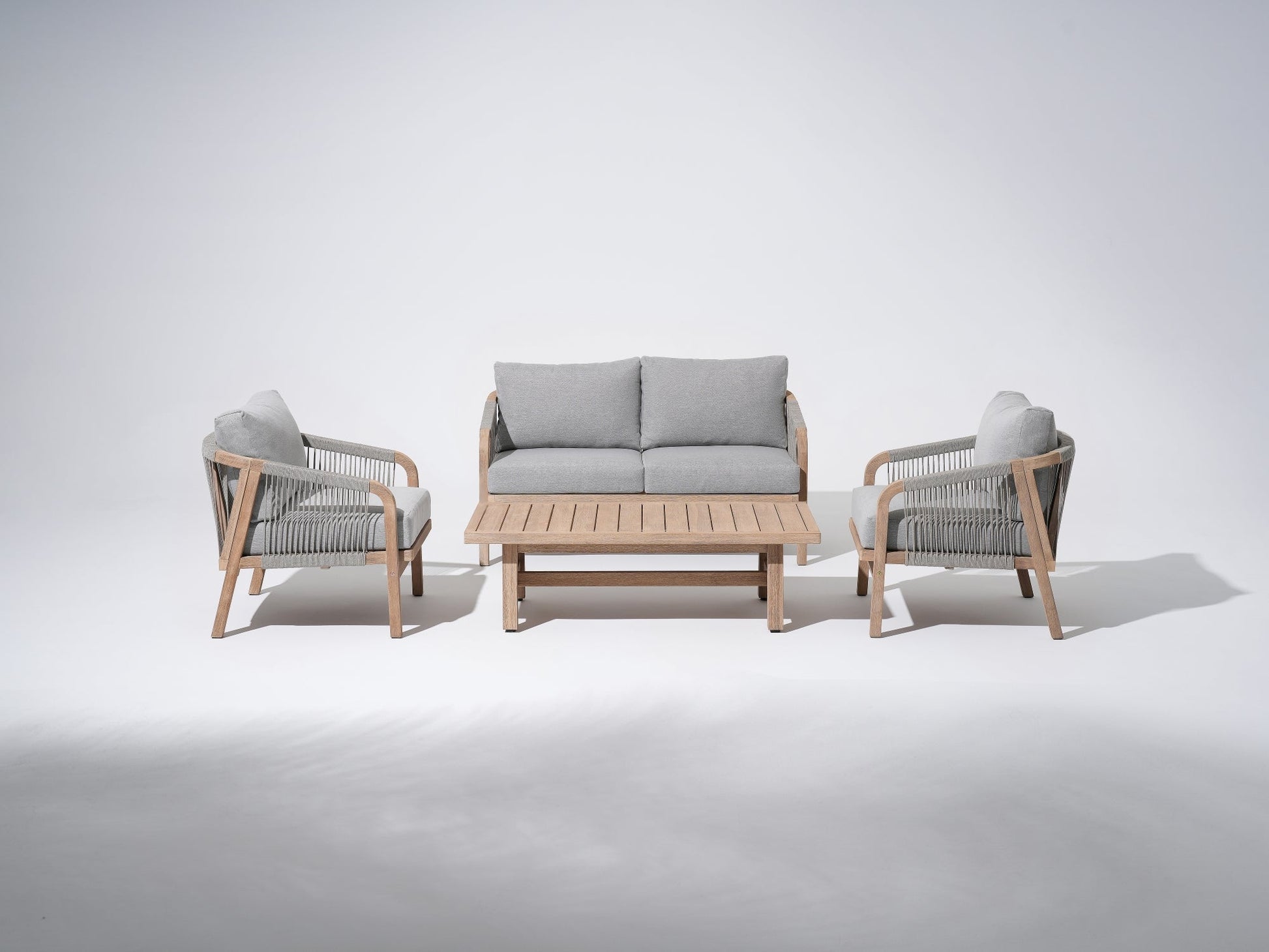 4-pcs Wooden Outdoor conversation sofa set, a loveseat sofa, two single sofa armchairs, gray seat and back cushions, gray rope design, a rectangular wood outdoor coffee table - Sunsitt Premium Modern Outdoor Patio Furniture Set