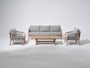 4-pcs Wooden Outdoor conversation sofa set, a 3-seat sofa, two single sofa armchairs, gray seat and back cushions, gray rope design, a rectangular wood outdoor coffee table - Sunsitt Premium Modern Outdoor Patio Furniture Set