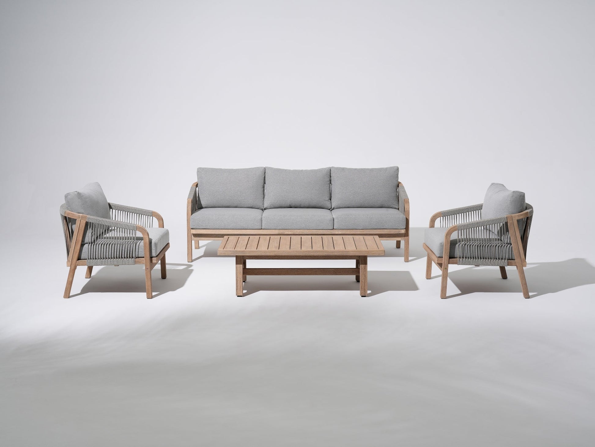 4-pcs Wooden Outdoor conversation sofa set, a 3-seat sofa, two single sofa armchairs, gray seat and back cushions, gray rope design, a rectangular wood outdoor coffee table - Sunsitt Premium Modern Outdoor Patio Furniture Set