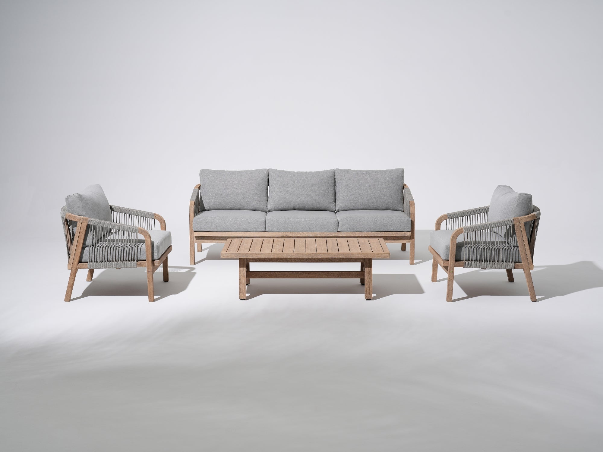 4-pcs Wooden Outdoor conversation sofa set, a 3-seat sofa, two single sofa armchairs, gray seat and back cushions, gray rope design, a rectangular wood outdoor coffee table - Sunsitt Premium Modern Outdoor Patio Furniture Set