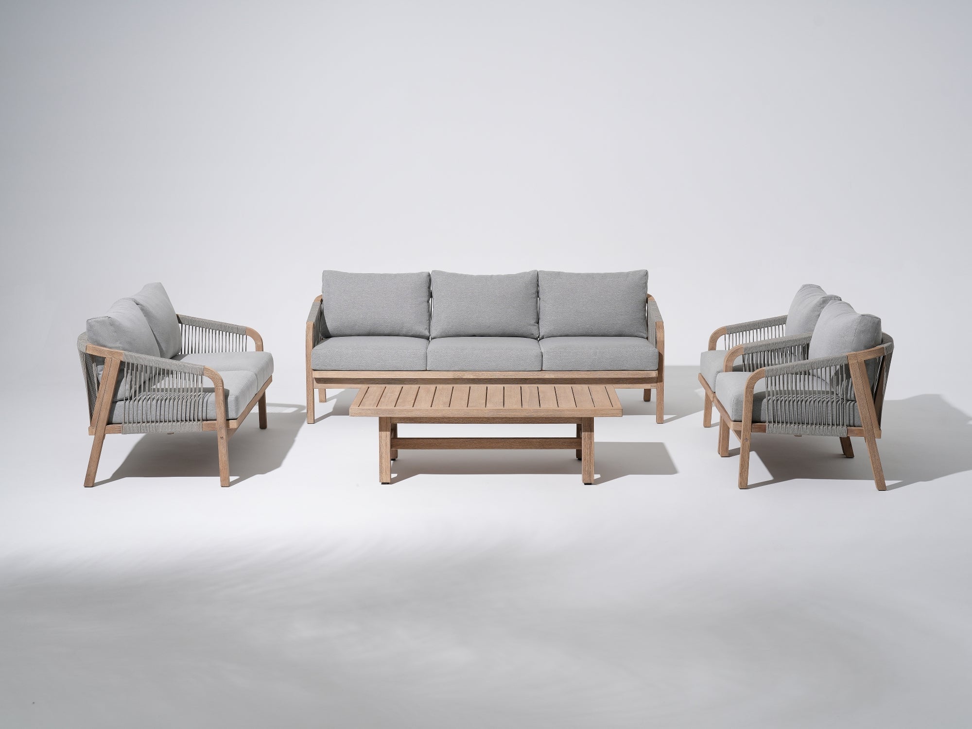 5-pcs Wooden Outdoor conversation sofa set, a triple sofa, a loveseat sofa, two single sofa armchairs, gray seat and back cushions, gray rope design, a rectangular wood outdoor coffee table - Sunsitt Premium Modern Outdoor Patio Furniture Set
