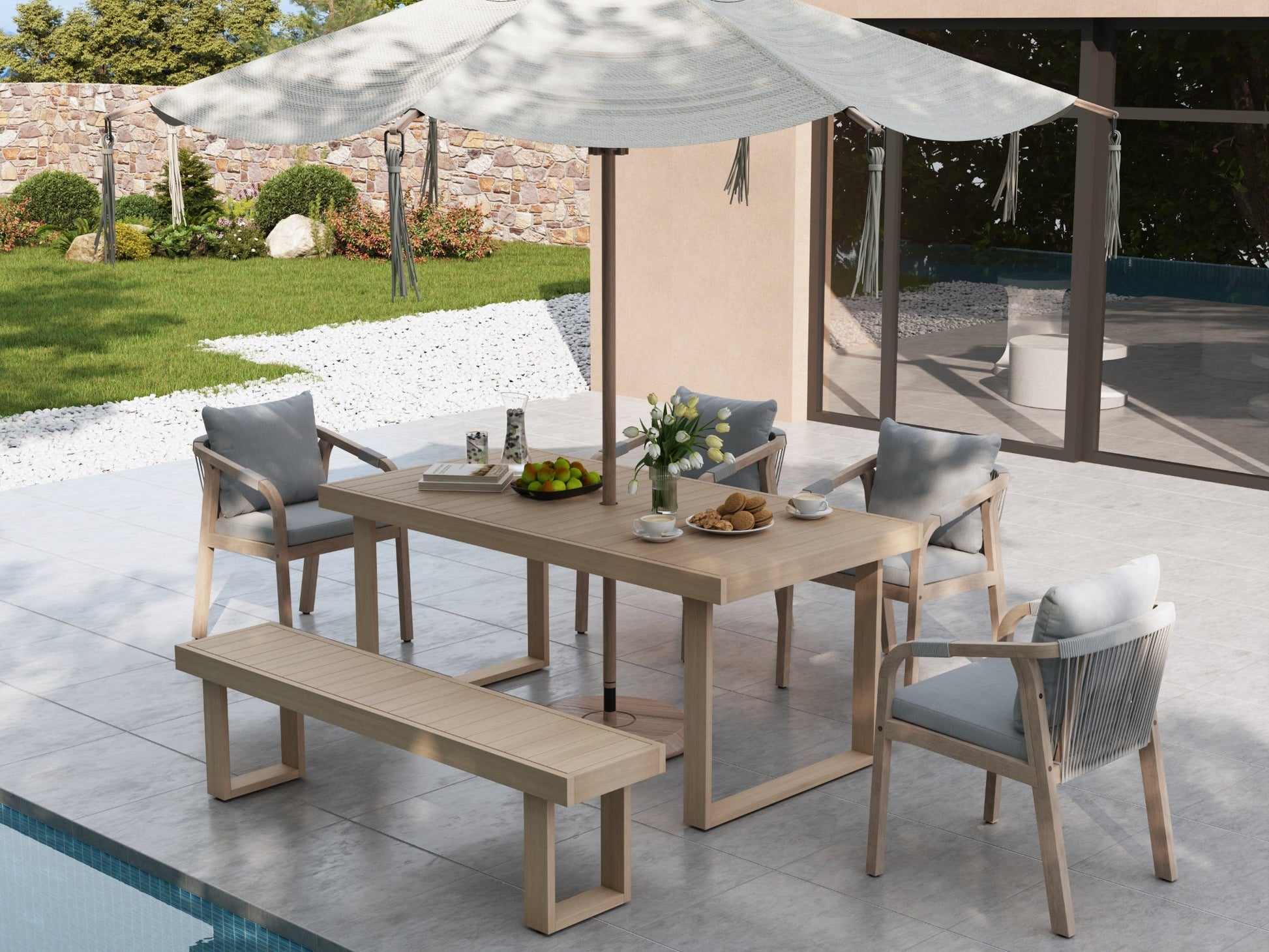 Thalea 67'' Modern Wooden Outdoor Dining Set for 6 people with umbrella hole, 4 Rope Chairs and one Bench; Sled-Leg Design