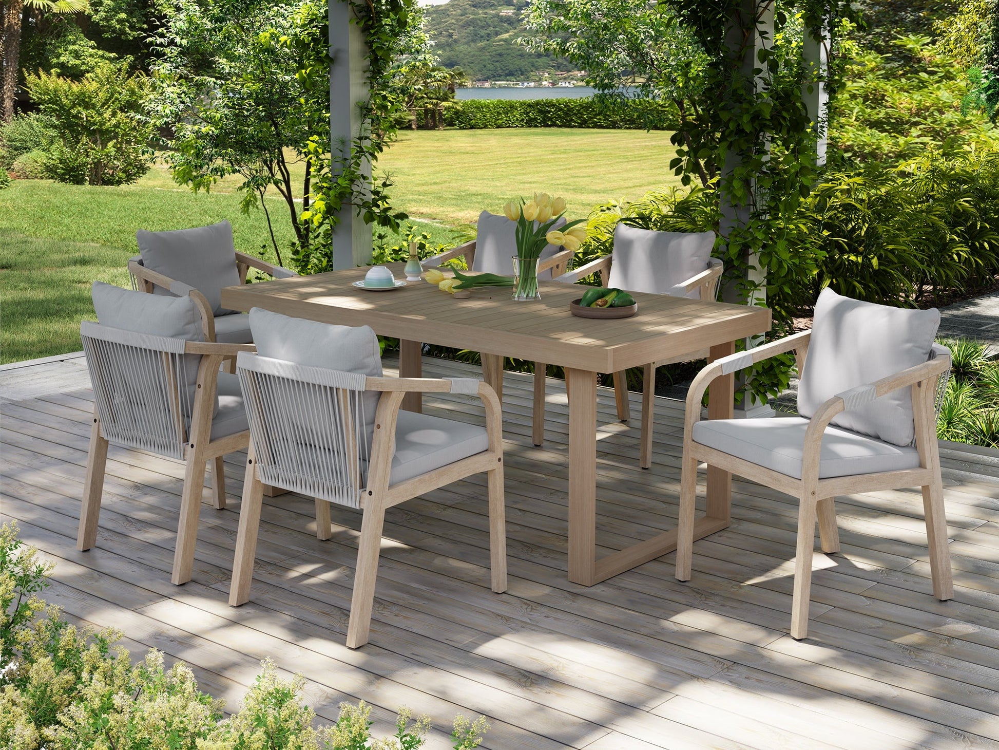 Thalea 67'' Rectangular Wooden Outdoor Dining Set with 6 Rope Chairs, Sled-Leg Design & Umbrella Hole