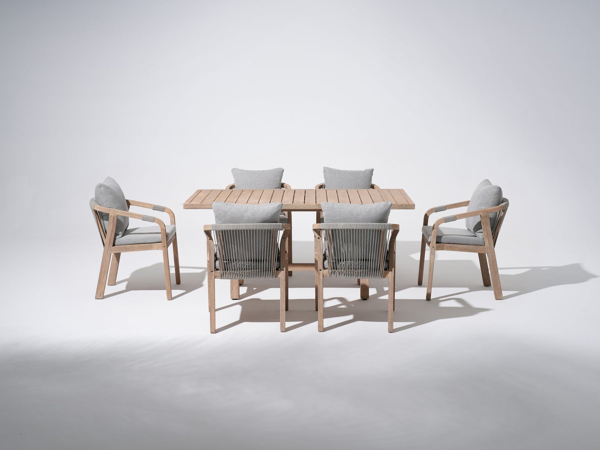 Wooden Outdoor Patio Dining Set For 6,  a rectangular acacia wood outdoor dining table and 6 patio dining chairs with gray seat and back cushions, gray rope design - Sunsitt Premium Modern Outdoor Patio Dining Furniture Set