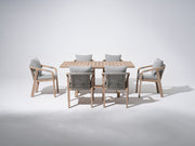Wooden Outdoor Patio Dining Set For 6,  a rectangular acacia wood outdoor dining table and 6 patio dining chairs with gray seat and back cushions, gray rope design - SUNSITT Premium Modern Outdoor Patio Dining Furniture Set