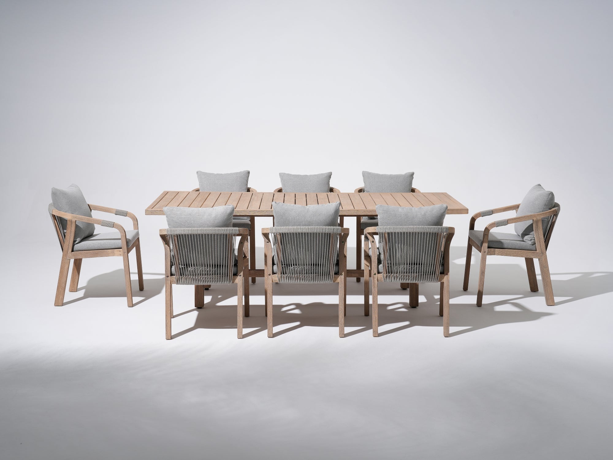 Wooden Outdoor Patio Dining Set For 8,  a rectangular acacia wood outdoor dining table and 8 patio dining chairs with gray seat and back cushions, gray rope design - SUNSITT Premium Modern Outdoor Patio Dining Furniture Set