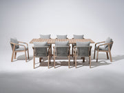 Wooden Outdoor Patio Dining Set For 8,  a rectangular acacia wood outdoor dining table and 8 patio dining chairs with gray seat and back cushions, gray rope design - Sunsitt Premium Modern Outdoor Patio Dining Furniture Set