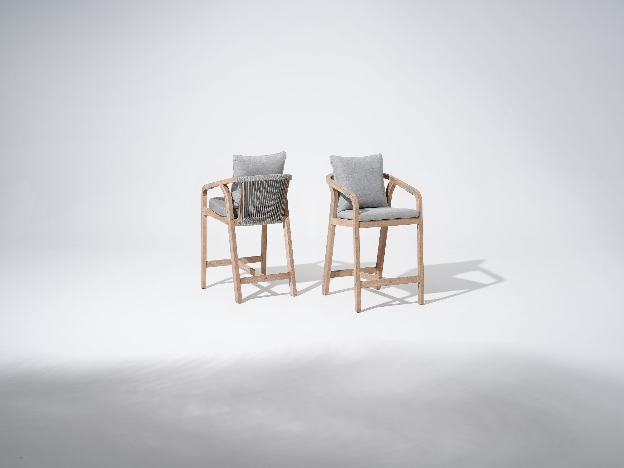 Wooden Outdoor Patio Bar Chairs/stools with gray cushions, gray rope design - SUNSITT Premium Modern Outdoor Patio Furniture