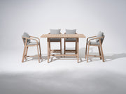 Wooden Outdoor Patio Bar Set,  a rectangular acacia wood bar table and 4 patio bar height chairs with gray cushions, gray rope design - Sunsitt Premium Modern Outdoor Patio Furniture Set