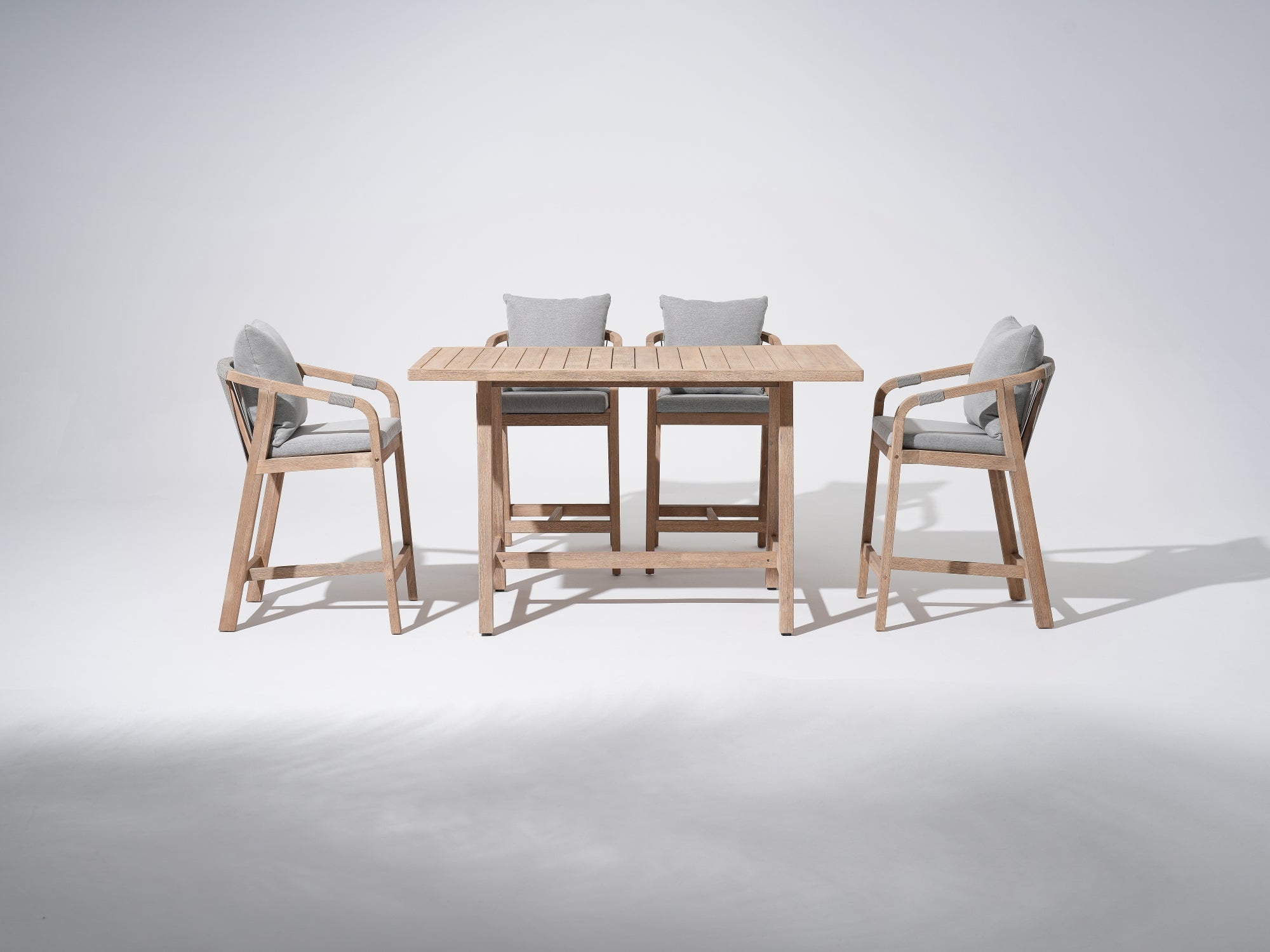 Wooden Outdoor Patio Bar Set,  a rectangular acacia wood bar table and 4 patio bar height chairs with gray cushions, gray rope design - SUNSITT Premium Modern Outdoor Patio Furniture Set