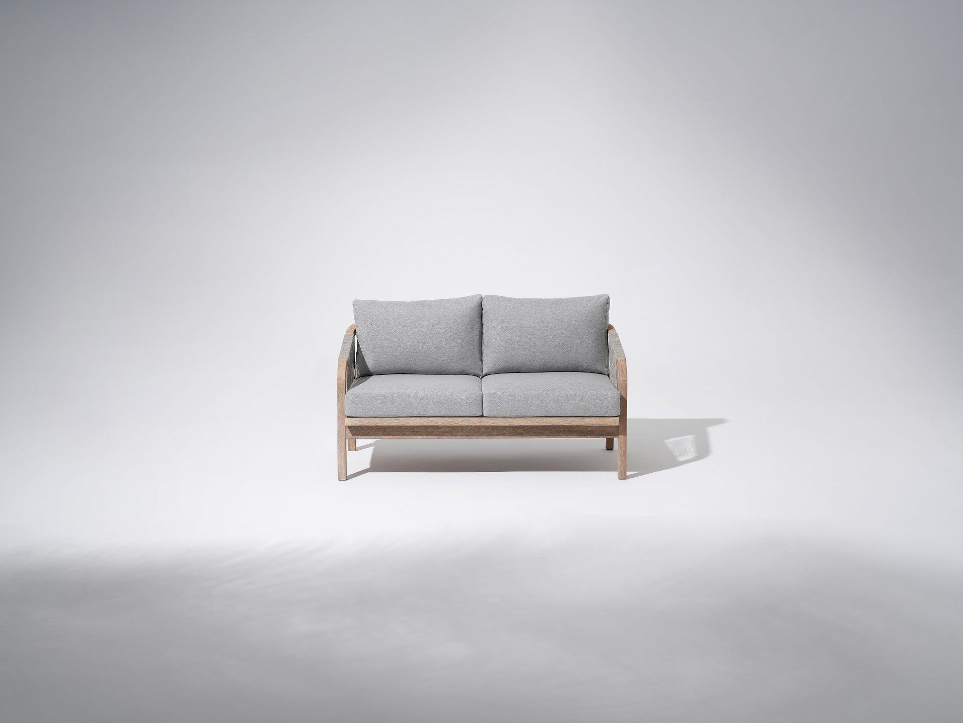 Wooden Outdoor loveseat , gray cushions 2-seat sofa with gray rope design - Sunsitt Premium Modern Outdoor Patio Furniture