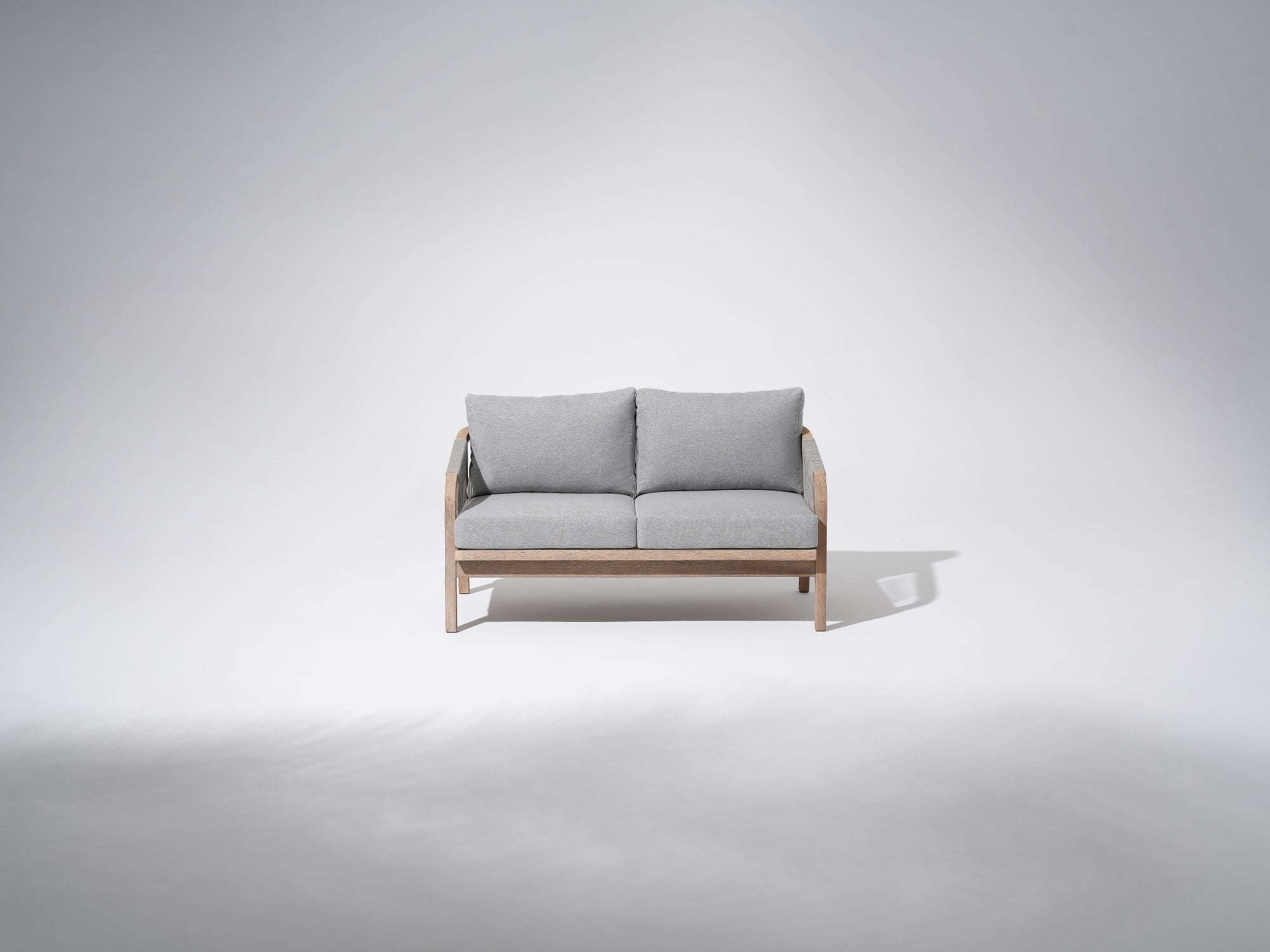 Wooden Outdoor loveseat , gray cushions 2-seat sofa with gray rope design - Sunsitt Premium Modern Outdoor Patio Furniture