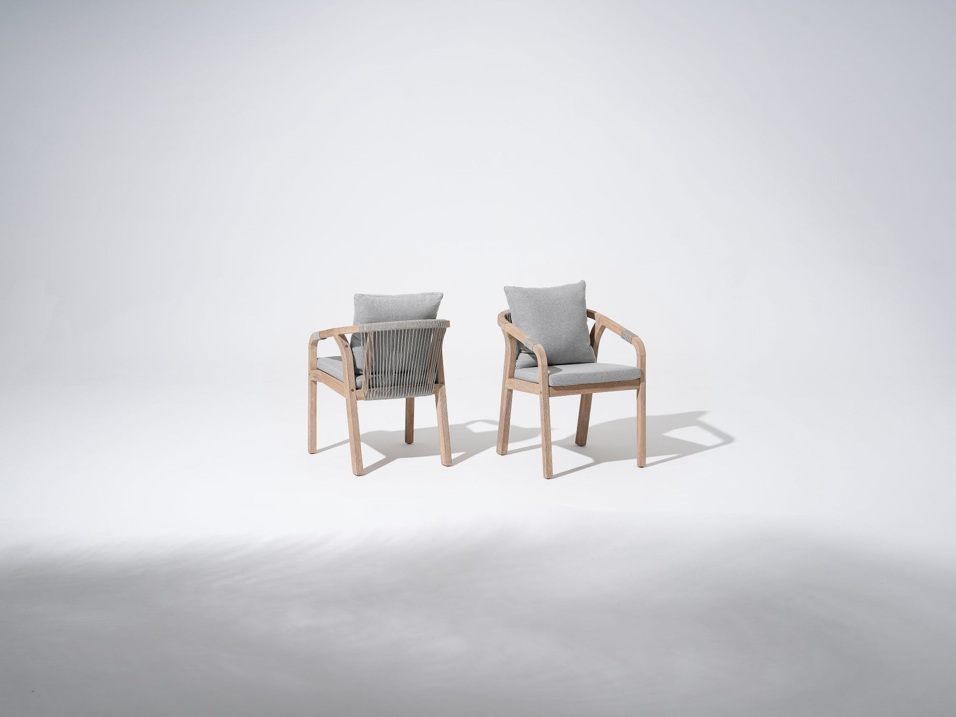 Wooden Outdoor dining chairs with gray cushions and gray rope design - Sunsitt Premium Modern Outdoor Patio Dining Furniture