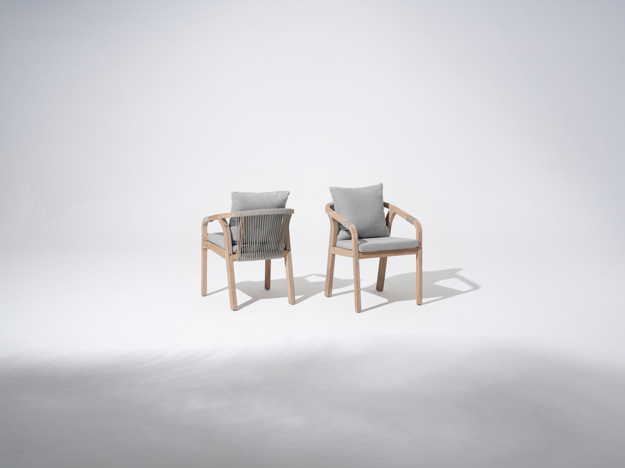 Wooden Outdoor dining chairs with gray cushions and gray rope design - Sunsitt Premium Modern Outdoor Patio Dining Furniture